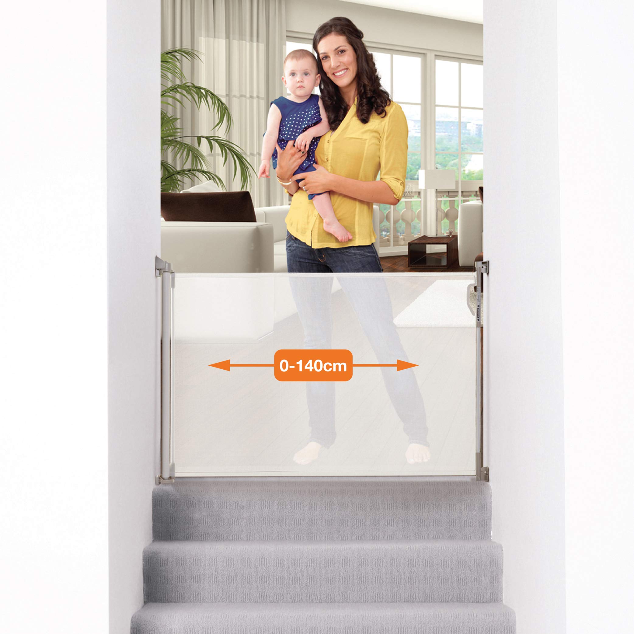 Dreambaby Retractable Baby Safety Gate - Extra Wide & Tall Mesh Gate - Fits up to 140cm Wide & 93cm Tall - with 2 Sets of Mounting Brackets (included) (White)