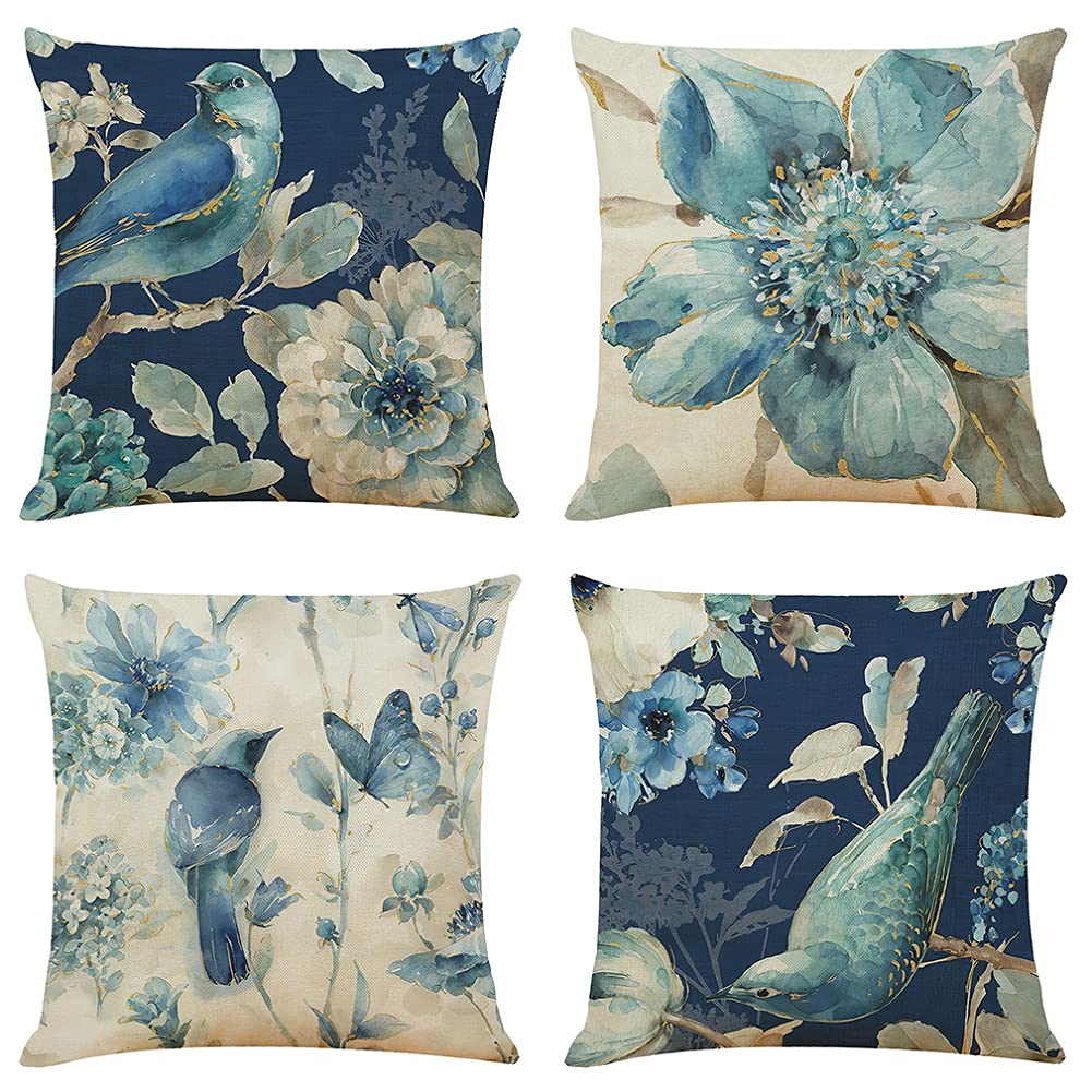 BCKAKQA Throw Pillow Covers Set of 4 Navy Blue Cushion Covers 45cm x 45cm with Floral and Birds Linen Square Decorative Throw Pillow Cases for Living Room Sofa Couch Bed Pillowcases 18 x 18 inch