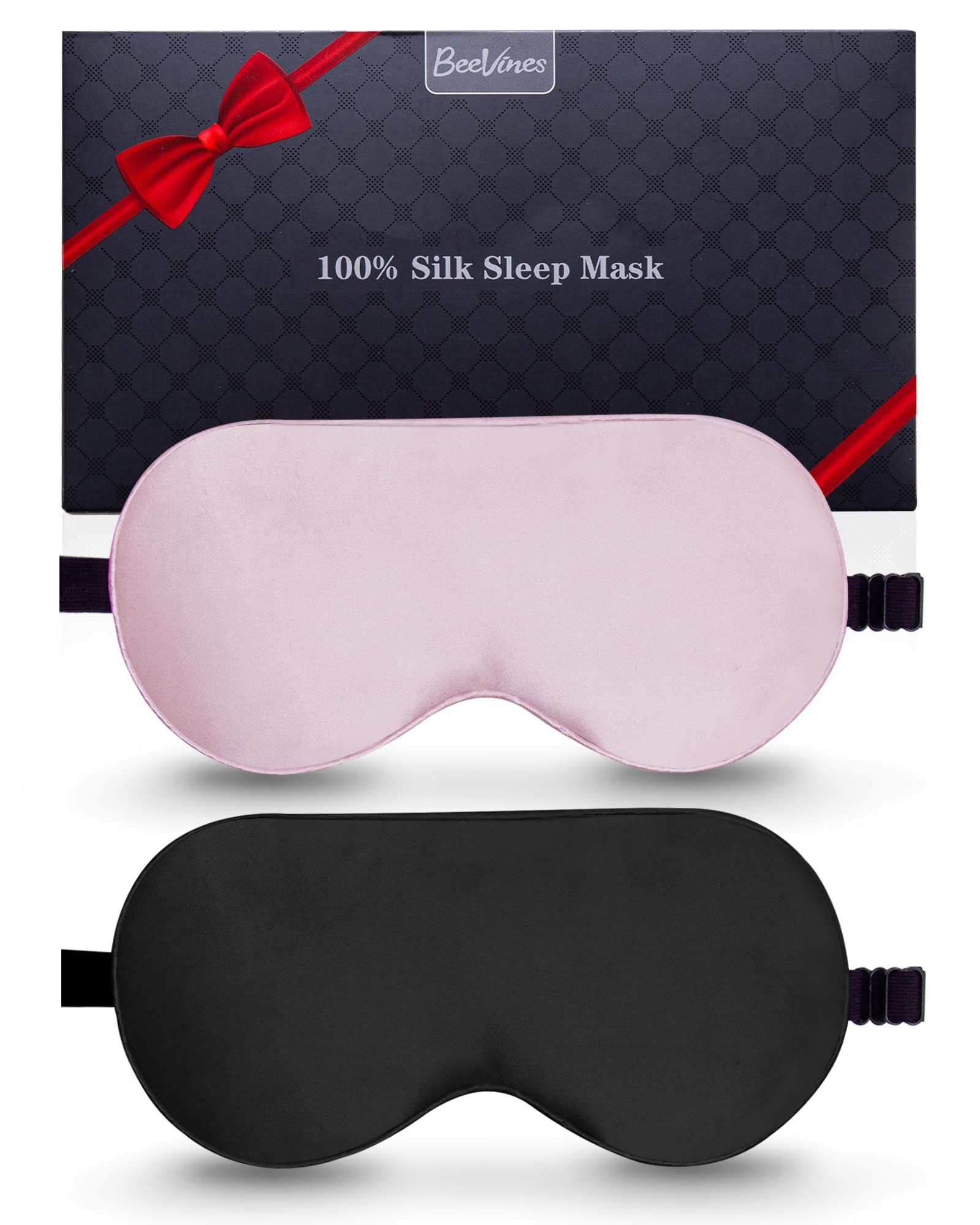 Silk Sleep Mask, 2 Pack 100% Real Natural Silk Eye Mask with Adjustable Strap, Eye Sleeping Mask, BeeVines Eye Sleep Shade Cover for Summer Travel Yoga Nap Reduces Puffy Eyes (Black & Pink)