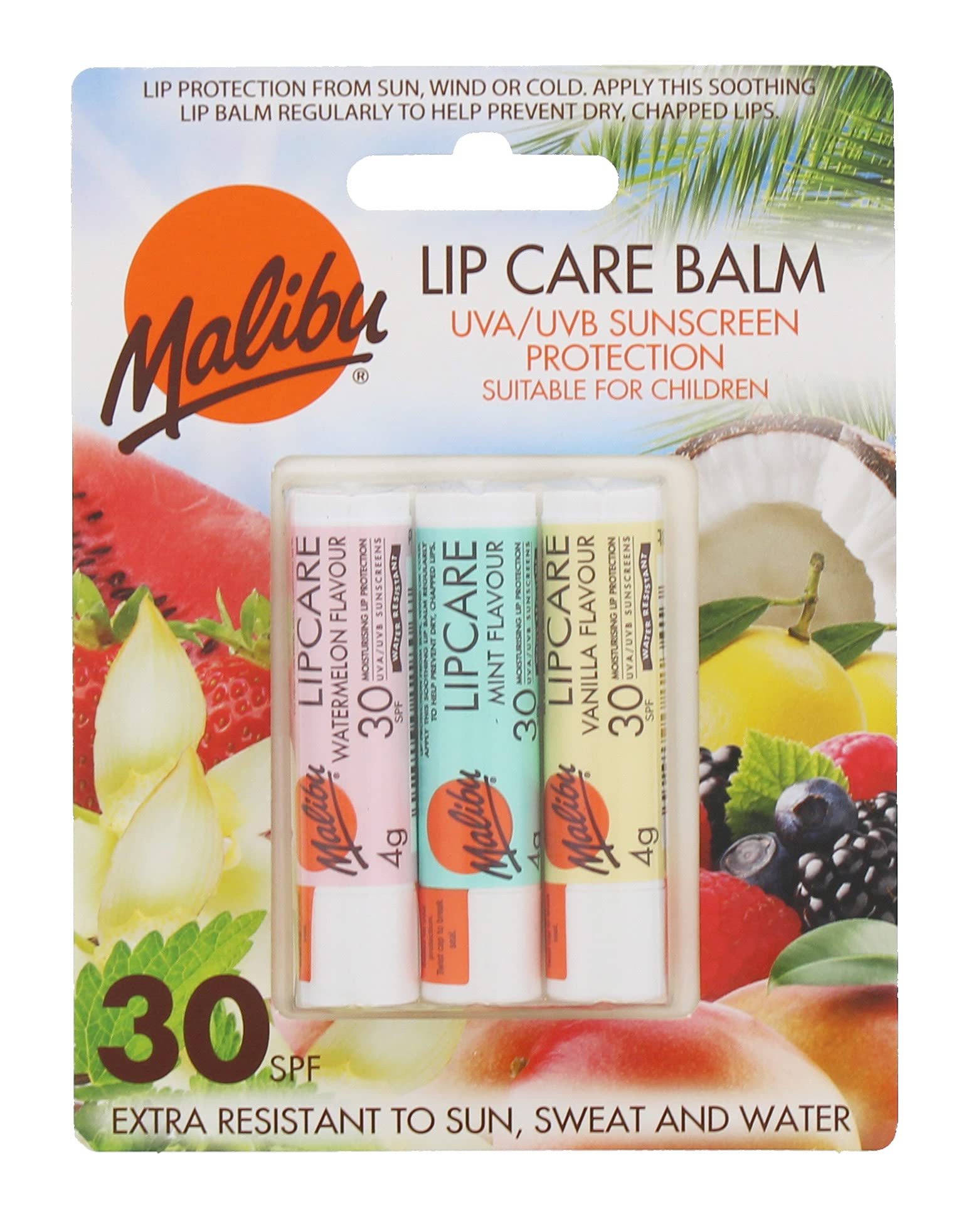 Malibu Sun, Wind and Sweat Resistant Lip Care Balm with SPF 30 Sun-Screen Protection, 3 Pack of 4g, Watermelon, Mint and Vanilla