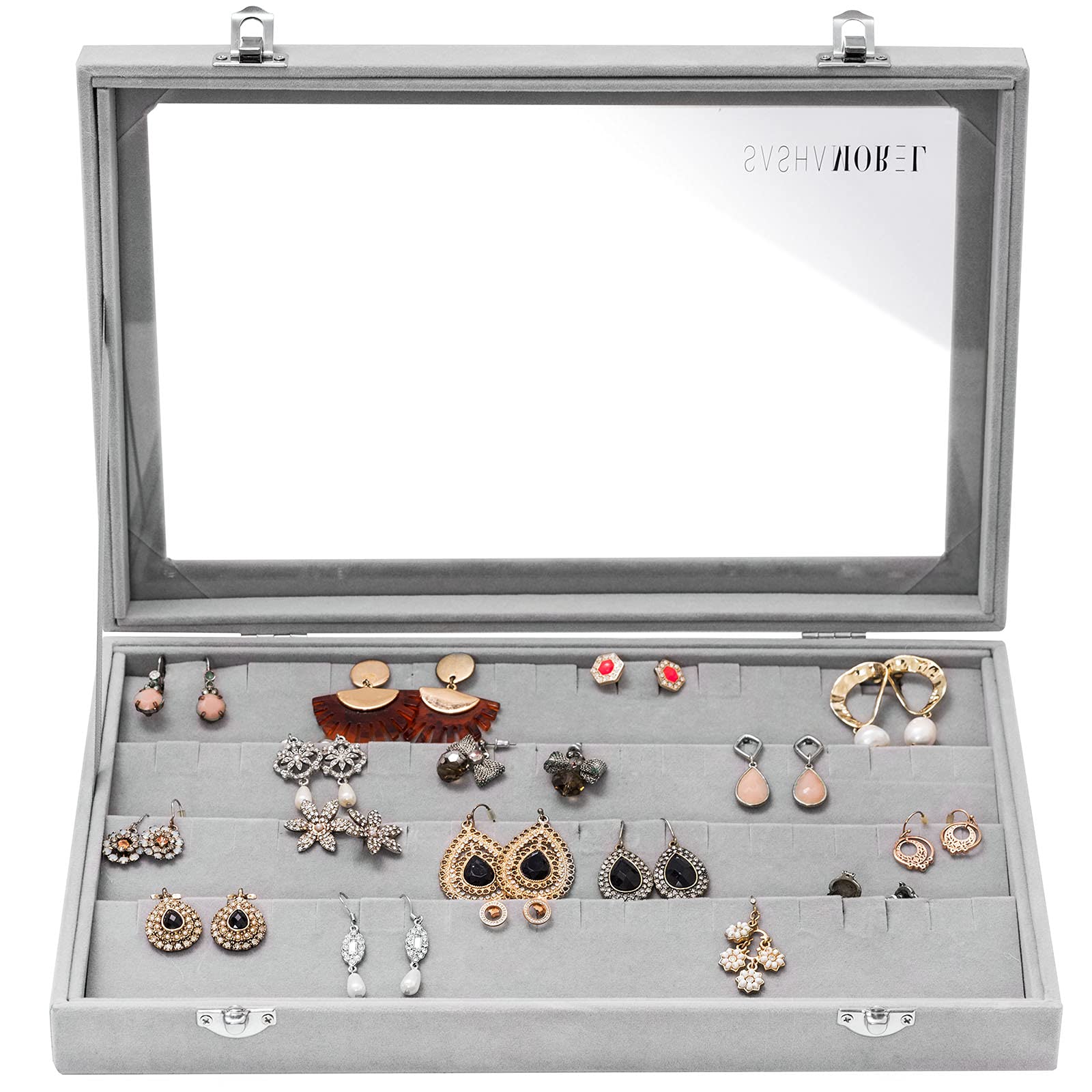 Sasha Morel Earrings Organiser, Velvet Clear Lid Earring Holder & 32 Pairs Earrings Storage Box, Jewellery Boxes Display Showcase Case Lockable