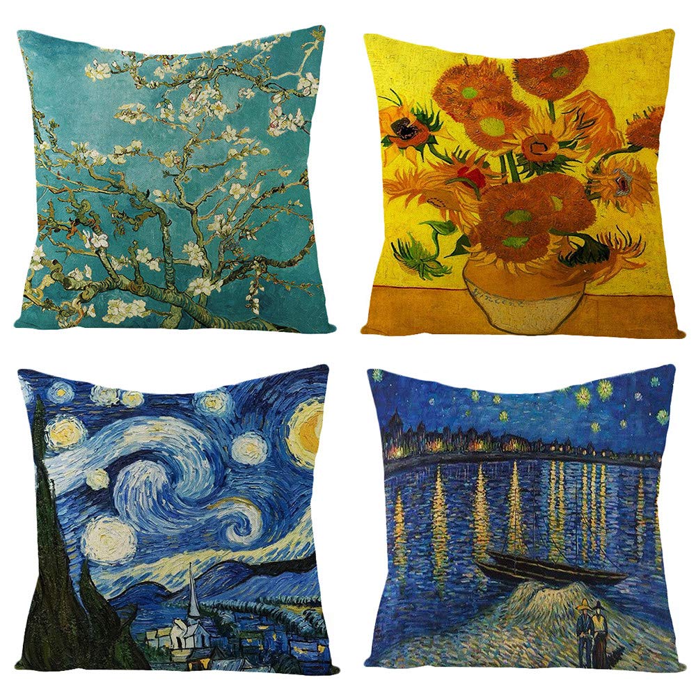 IcosaMro Throw Pillow Covers Set of 4 Van Gogh Art 18x18 Decorative Pillow Cases Square Zippered Cotton Linen Cushion Cover Room Sofa Decor