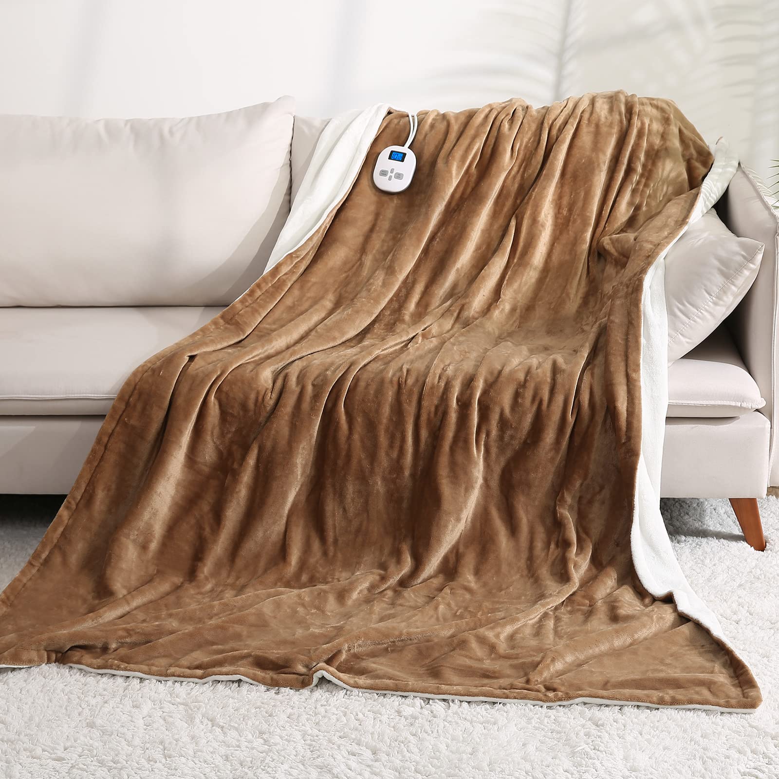 Heated Throw Blanket Large Soft Flannel 150X200cm with 10 Heating Settings & 12 Hours Auto-Off Timer, Machine Washable, Home Office Use - Brown