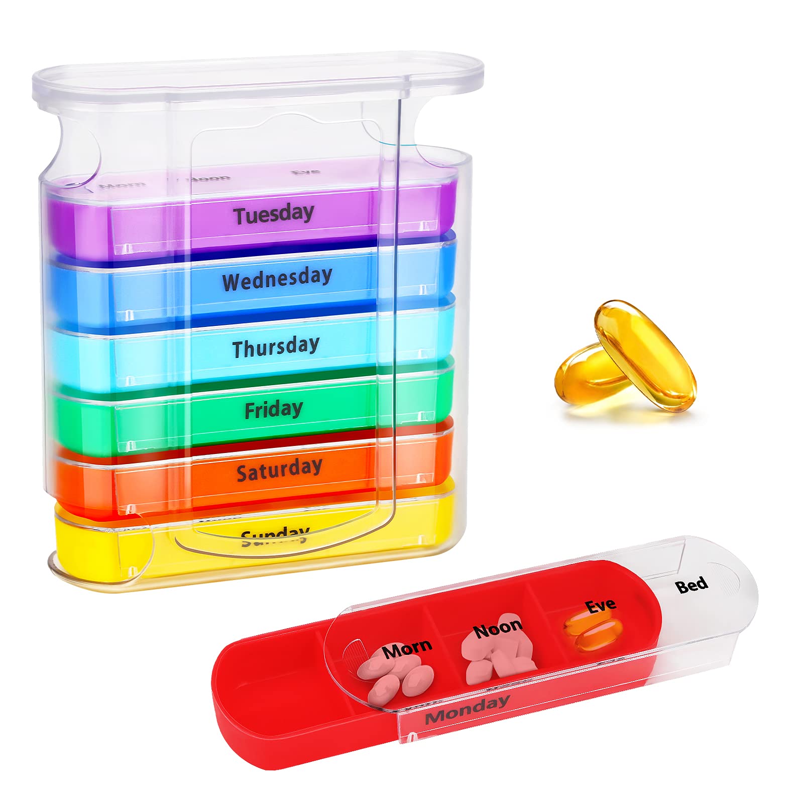 Pill Box 7 Day Pill Organiser 4 Times a Day - Weekly Tablet Box Pill Box Organiser 7 Day with 28 Compartments for Medicines Supplements Vitamin, Portable Medicine Box for Men Women Rainbow