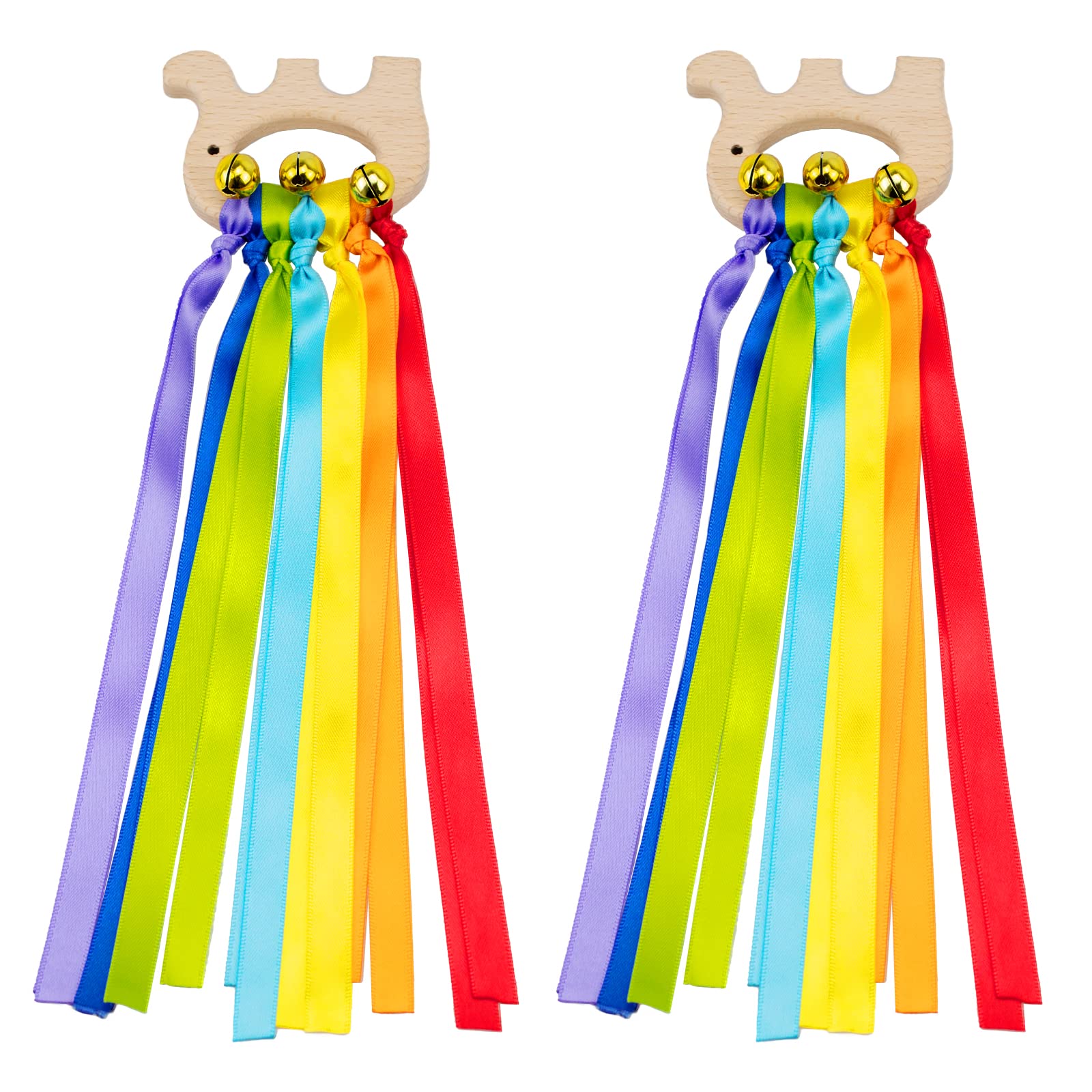 Wendergo 2X Sensory Ribbons for Babies, Wooden Rainbow Rattles, Ribbons Ring Teether Toys, Newborn Infant Toddler Baby Sensory Toys for 6-12 Months Girls Boys