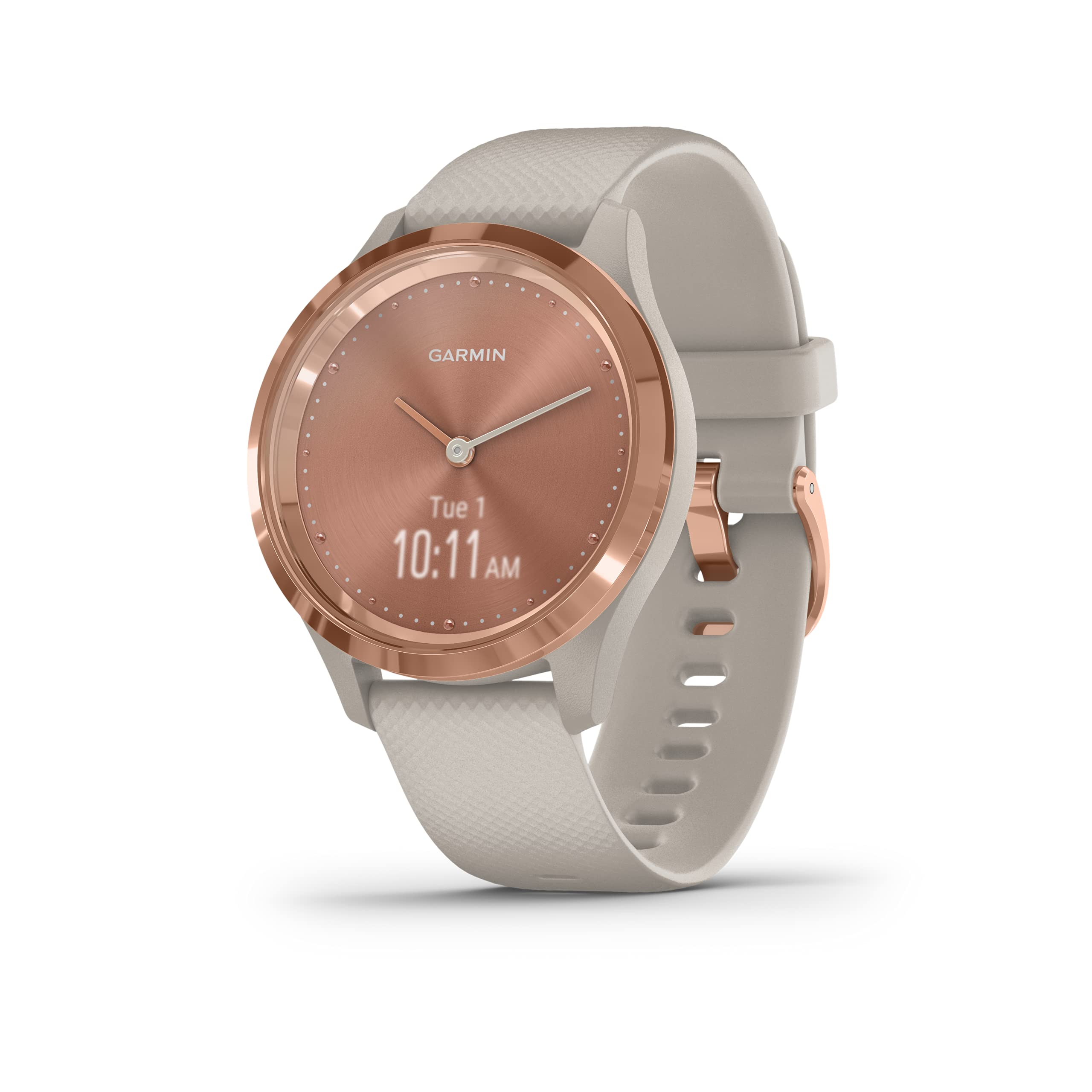 Garmin vivomove 3S, Smaller sized, Hybrid Connected GPS Smartwatch with Real Watch Hands and Hidden Touchscreen Display, Rose Gold with Light Sand Silicone Band