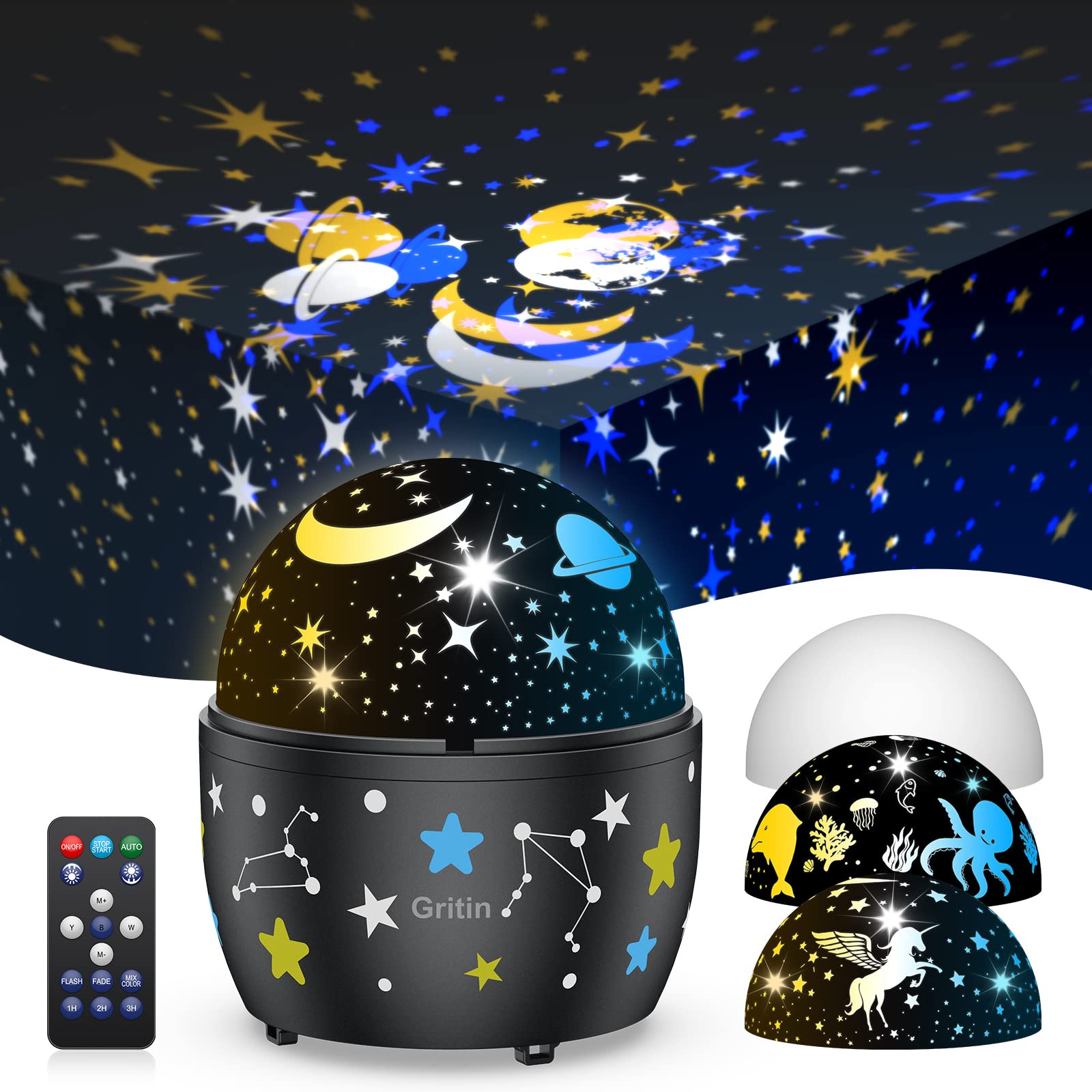 Night Light Projector, Gritin Star Starry Galaxy Projector Night Light Baby Kids Gifts with 3 Themes - 360° Rotation, 7 Color Modes, Remote Control&Timer Design for Kids Baby Bedroom,Birthday,Parties