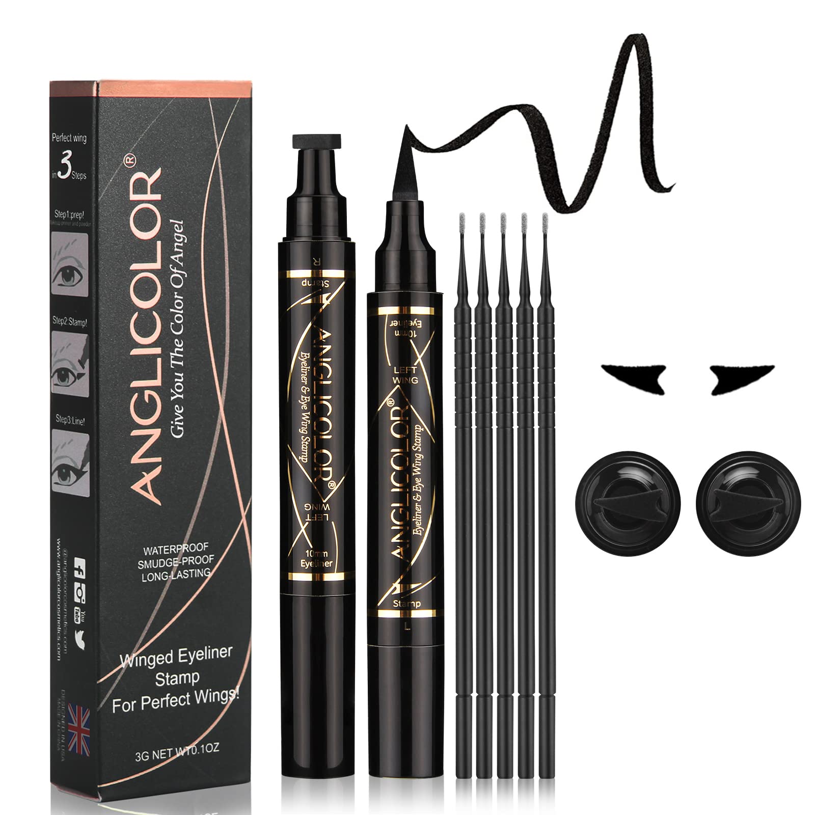 Anglicolor 2Pack Winged Eyeliner Stamp Set,Long Lasting Perfect Wing Cat Eye Stamp With Cruelty-Free Black Liquid Eyeliner Pen,Waterproof & Smudgeproof Makeup Eyeliner Stencil (02)