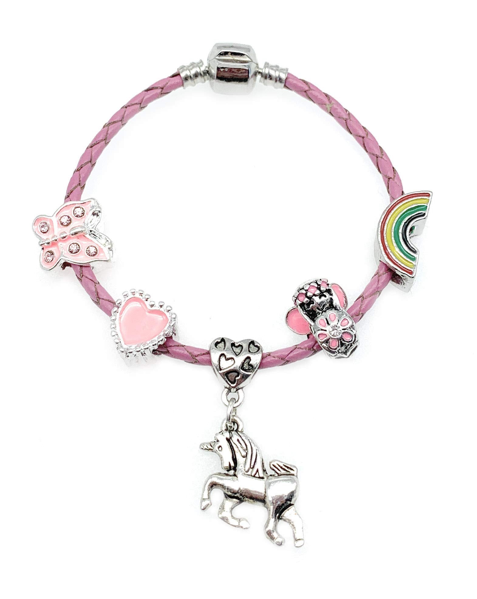 Children's Pink Leather 'Unicorn' Charm Bracelet with Gift Box Girls Jewellery