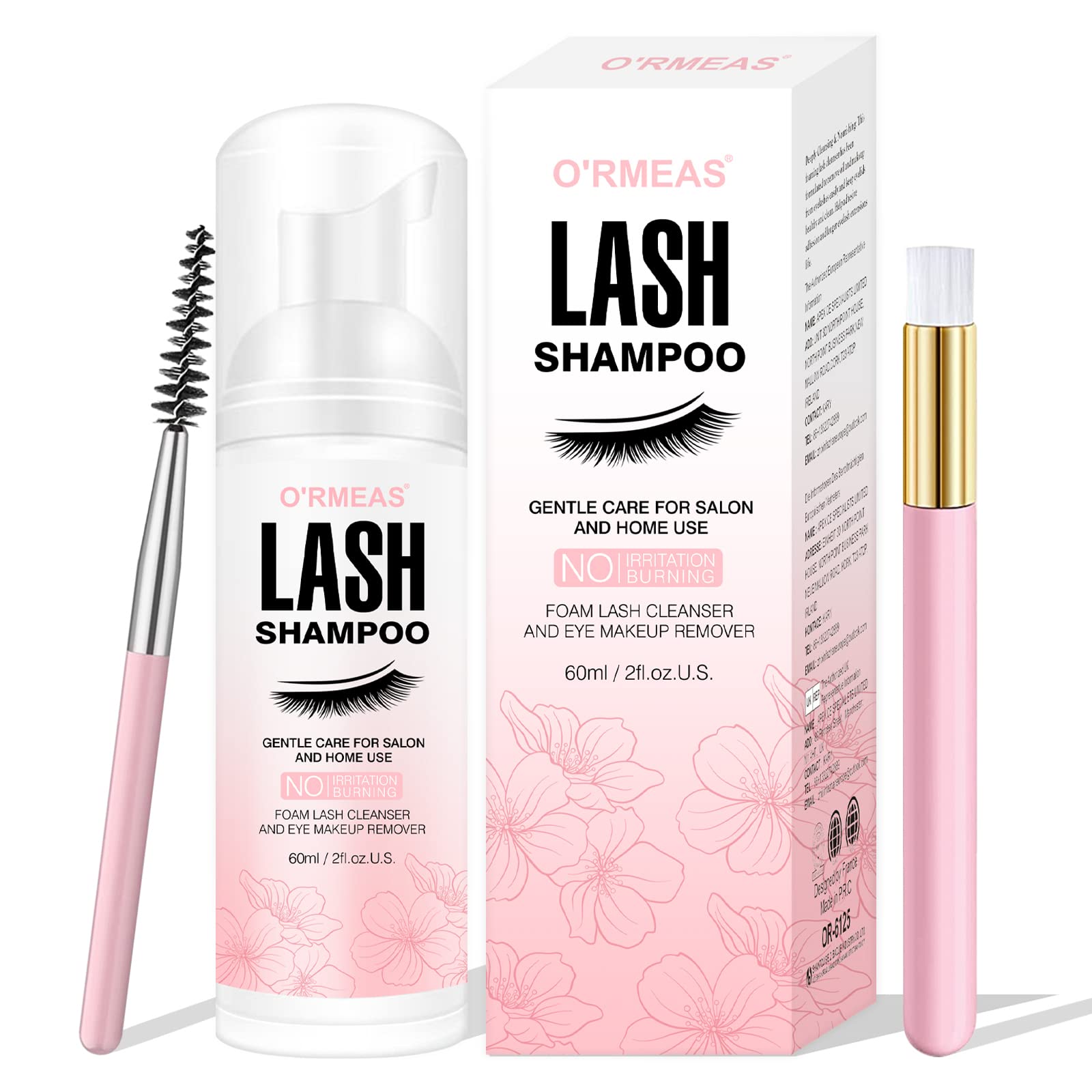 Lash Shampoo for Eyelash 60ml + Brush & Mascara Wand Eyelid Foaming Cleansing, Lash Extension Cleanser, Eyelash Extension Remover Nourishing Formula,Makeup Remover,Salon and Home use