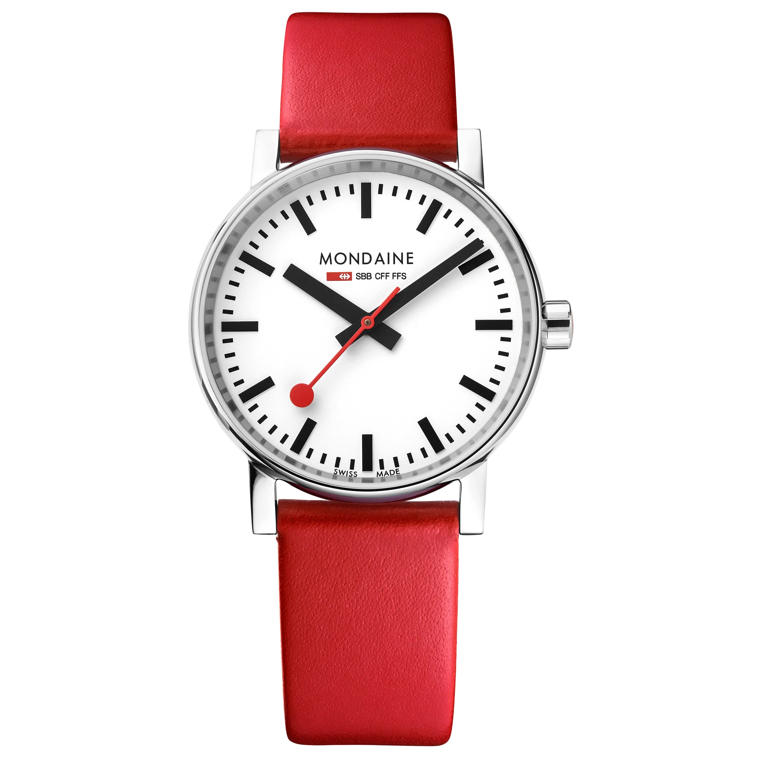 Mondaine Evo2 MSE.35110.LC Mens and Womens Watch 35mm - Official Swiss Railways Wrist Watch Red Leather Strap 30m Waterproof Sapphire Crystal