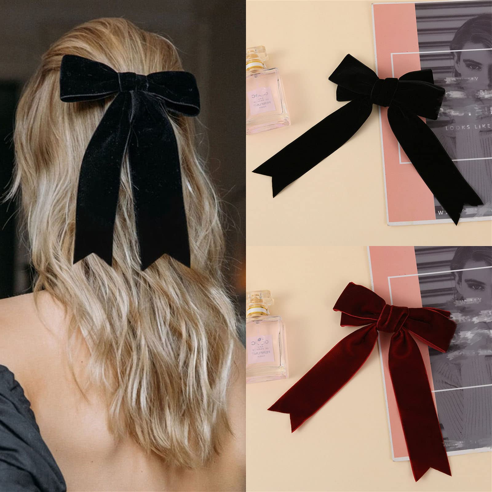 2Pcs Hair Clips, Vintage Large Velvet Hair French Barrettes with Long Ribbon Big Bow Bowknot for Party Hair Accessories Gift Girls Women Red Black