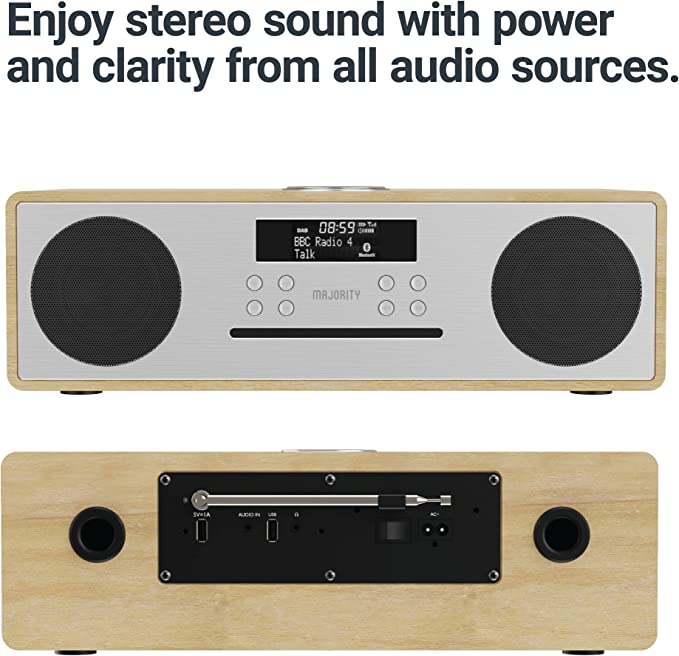 MAJORITY Oakington Bluetooth Hi-Fi Compact Stereo System | FM & DAB Radio & CD Player | Remote Control | AUX & USB Input