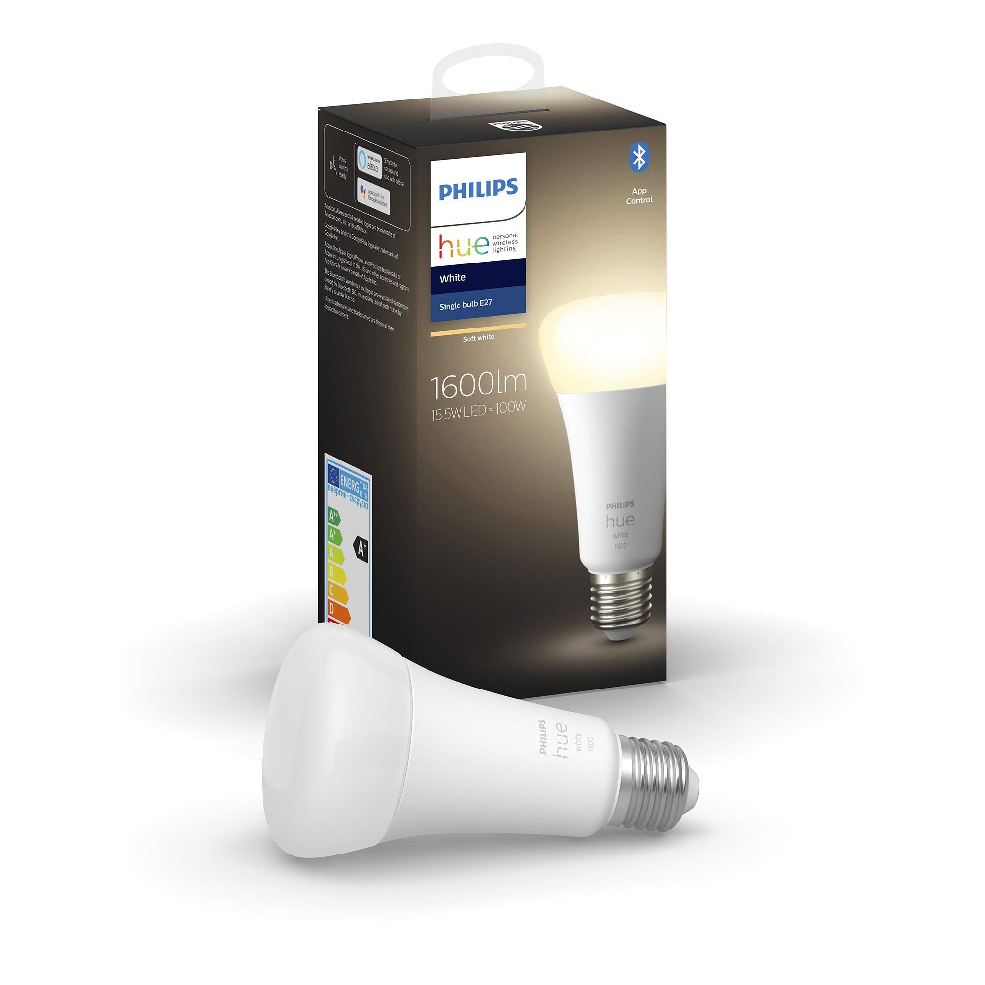 Philips Hue White LED Smart Light Bulb 1 pack [E27 Edison Screw] 100W equivalent, with Bluetooth, Works with Alexa, Google Assistant and Apple Homekit.