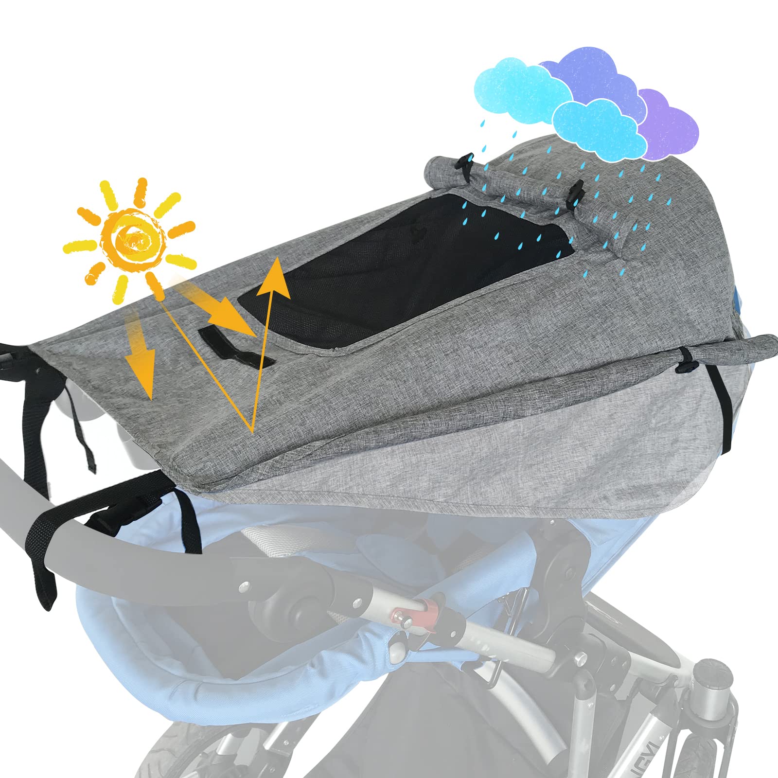 WD&CD Buggy Sun Shade Universal Pram Sunshade Sun Cover for Strollers Pushchairs UV Protection Water Resistant Easy to Install (Grey)