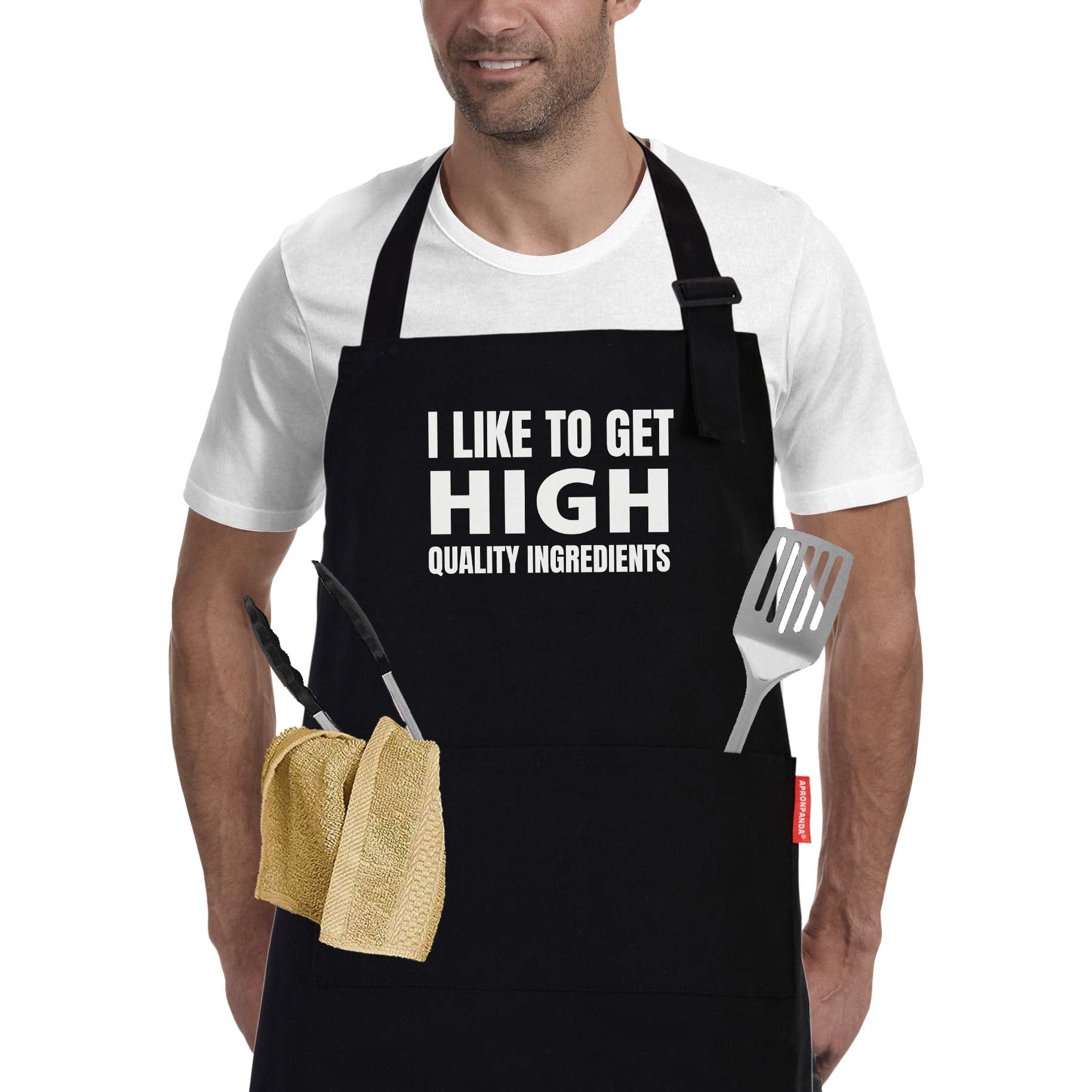 Kitchen Cooking Aprons for Men Women-I Like To Get High Ingredients, Adjustable BBQ Funny Apron with 2 Pockets, Birthday Thanksgiving Christmas Apron Gifts for Mom Wife Husband Girlfriend