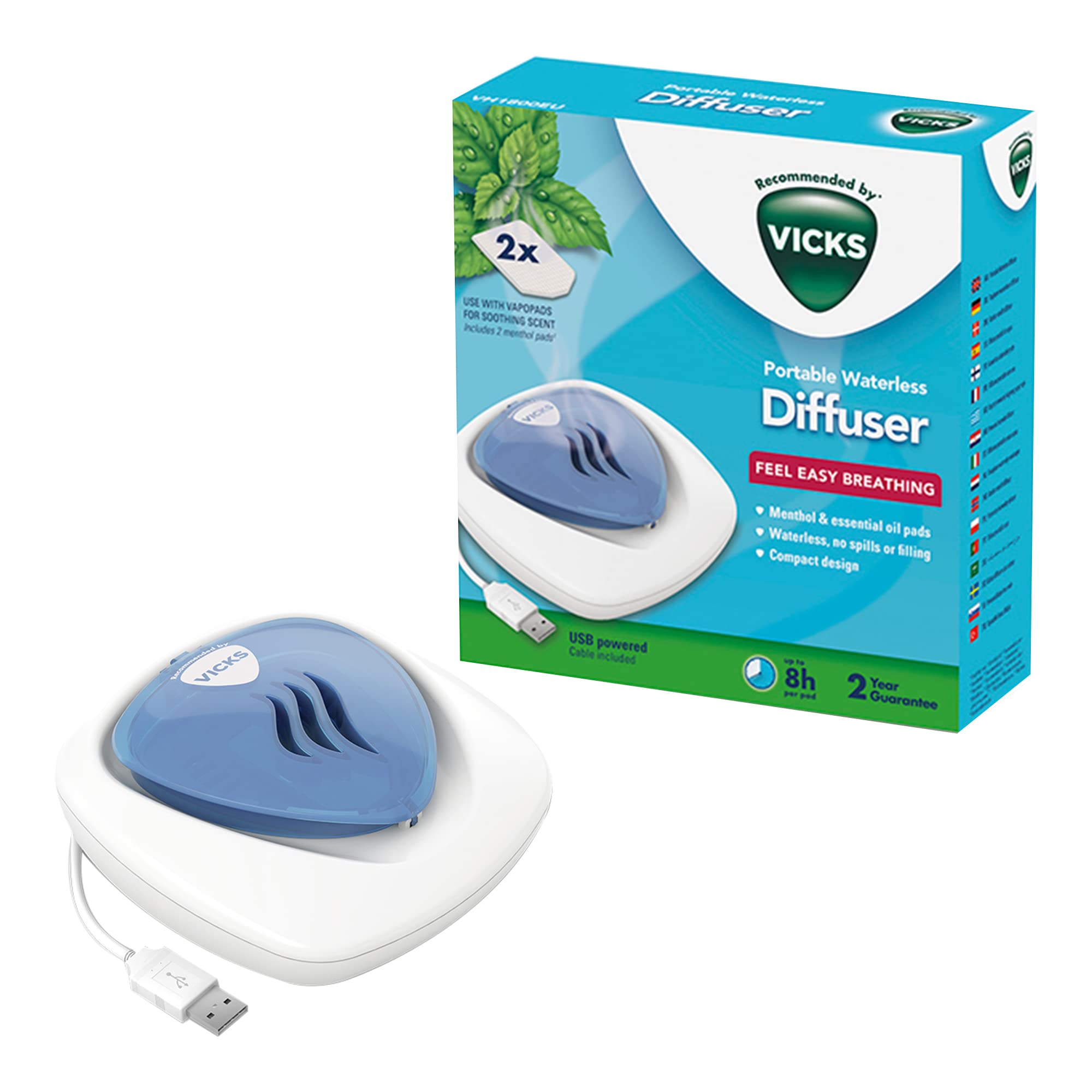 Vicks Portable Waterless Diffuser - Waterless device - USB plug-in - Easy breathing - Nightlight feature - Essential oil pads included - Travel friendly - VH1800EU