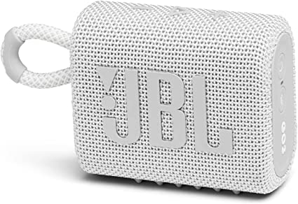 JBL GO 3 - Wireless Bluetooth portable speaker with integrated loop for travel with USB C charging cable, in white