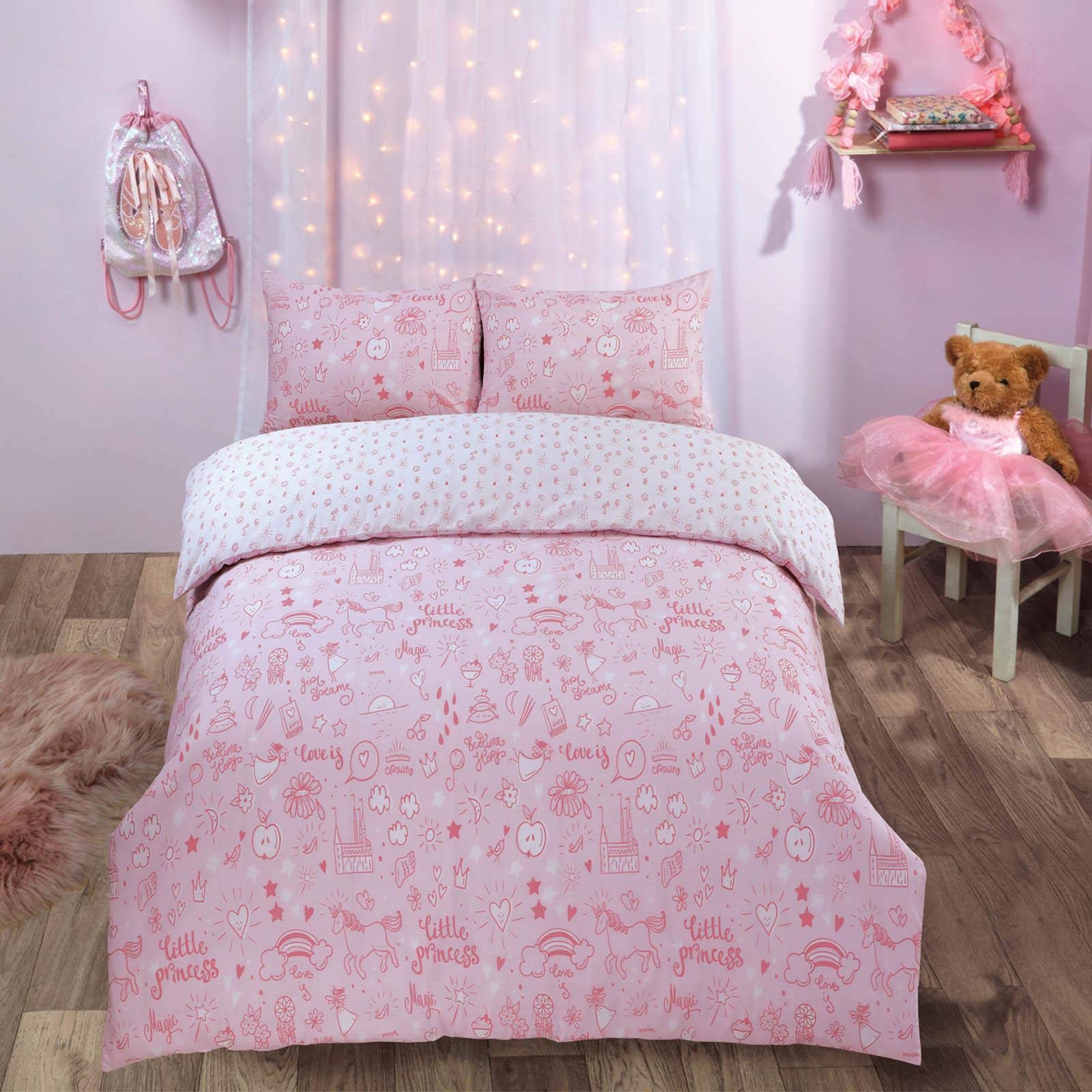 Dreamscene Unicorn Castle Duvet Cover with Pillowcase Reversible Little Princess Rainbow Kids Bedding Set, Blush Pink White, Junior/Cot