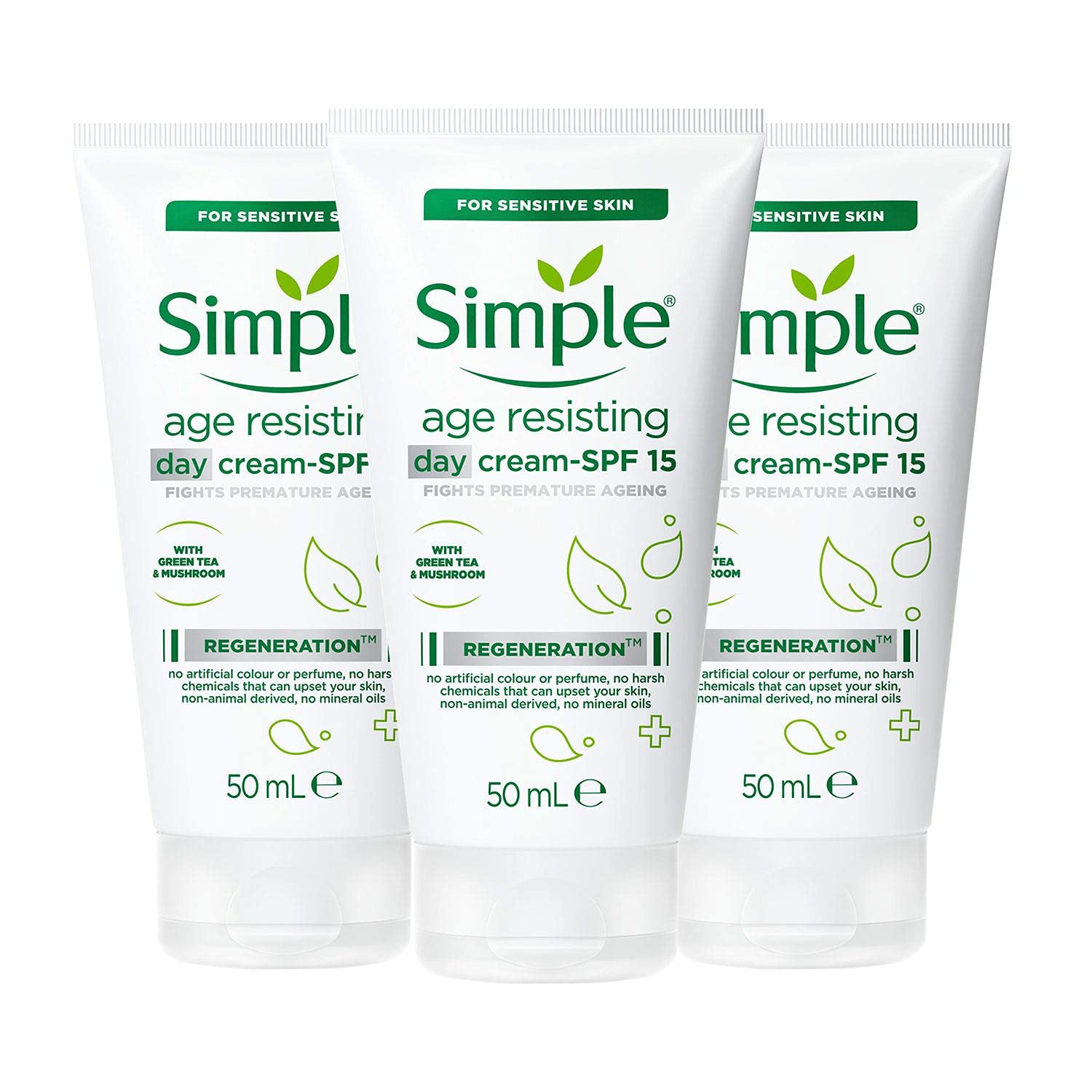 3 Pack of 50ml Simple Regeneration For Sensitive Skin Age Resisting Day Cream SPF 15 Fights Premature Ageing with Green Tea & Mushroom, No Artifical Colour or Perfume