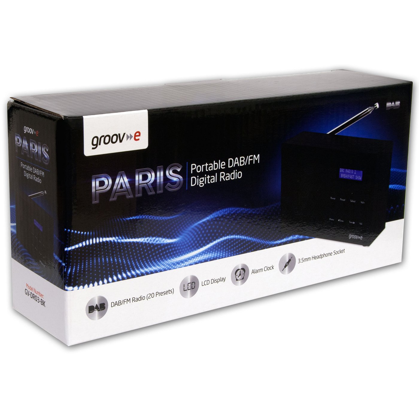 Groov-e GVDR03BK Paris Portable DAB/FB Digital Radio with 20 Preset Stations, LCD Display, Dual Alarm Clock & 3.5mm Headphone Input - Black, 9.0 cm*3.5 cm*19.0 cm