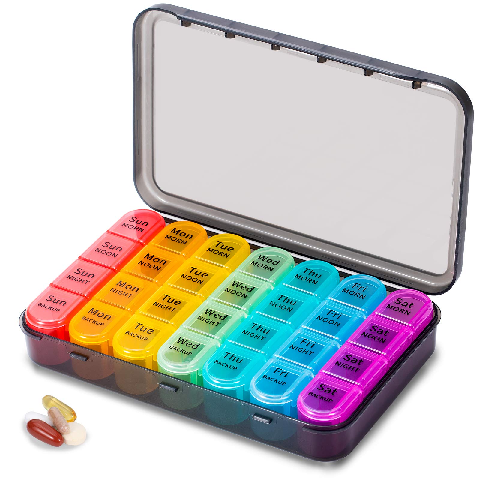 Pill Box 4 Times a Day, 7 Days Pill Organiser Box with 28 Compartments, Weekly Pill Case for Morning Noon Evening and Bed Time