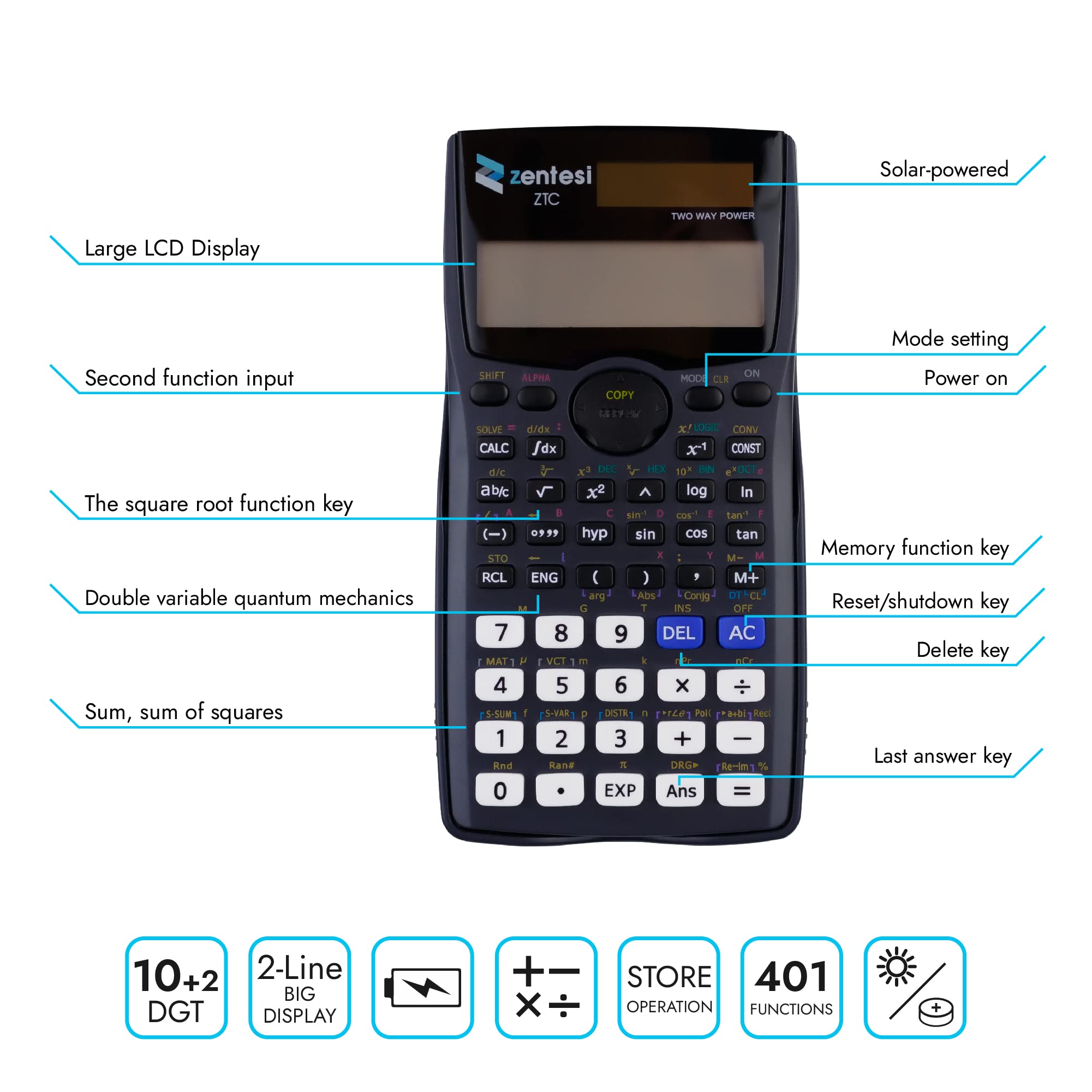 Zentesi Scientific Calculator For Secondary School with Solar Power. Perfect for GCSE, A Level Maths, Office Stationary Set & Supplies - 401 Functions, 12 Digit & 2 Line Display