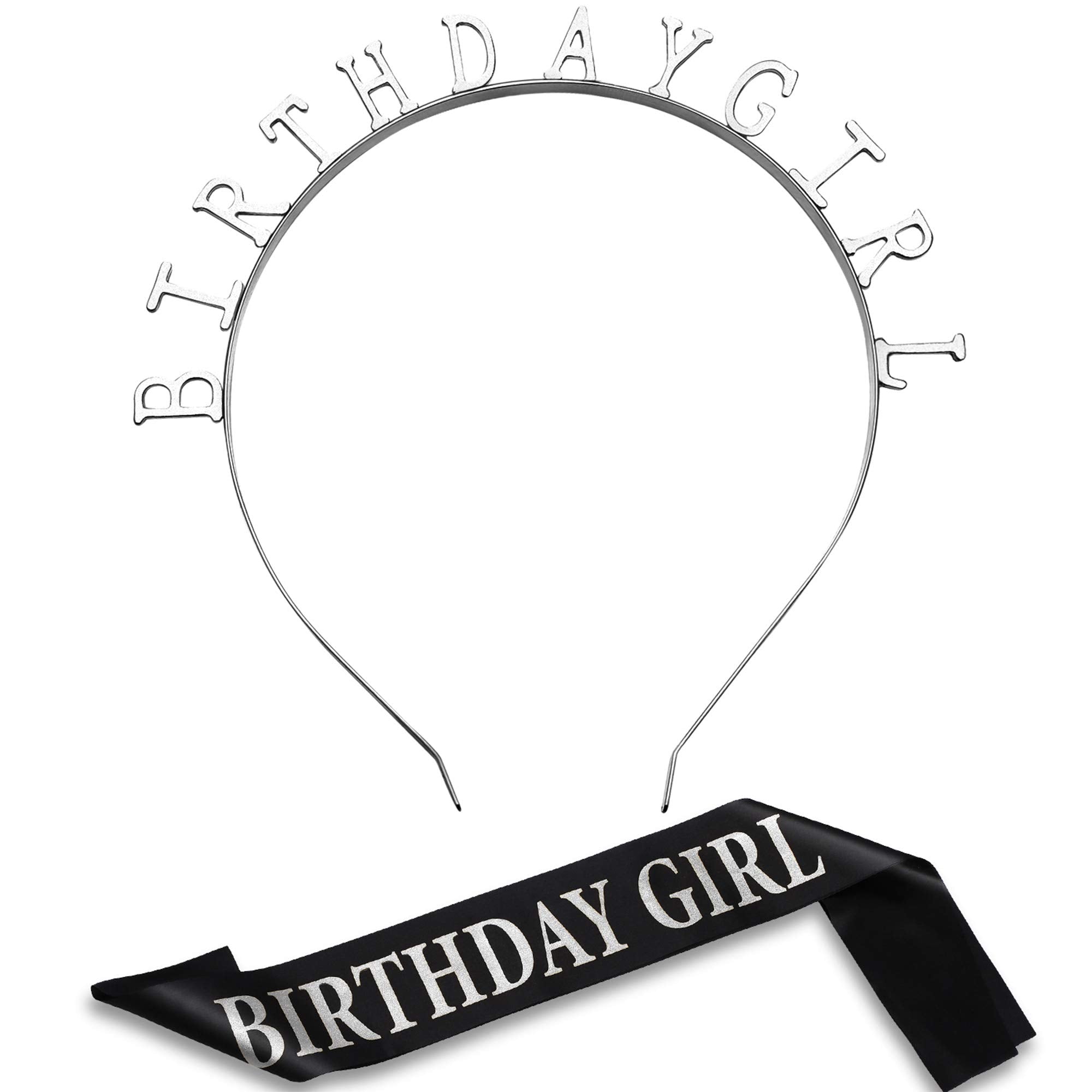 Birthday Headpiece Girl Tiara Headband Gold Birthday Satin Sash for Party Decorations Supplies (Silvery)