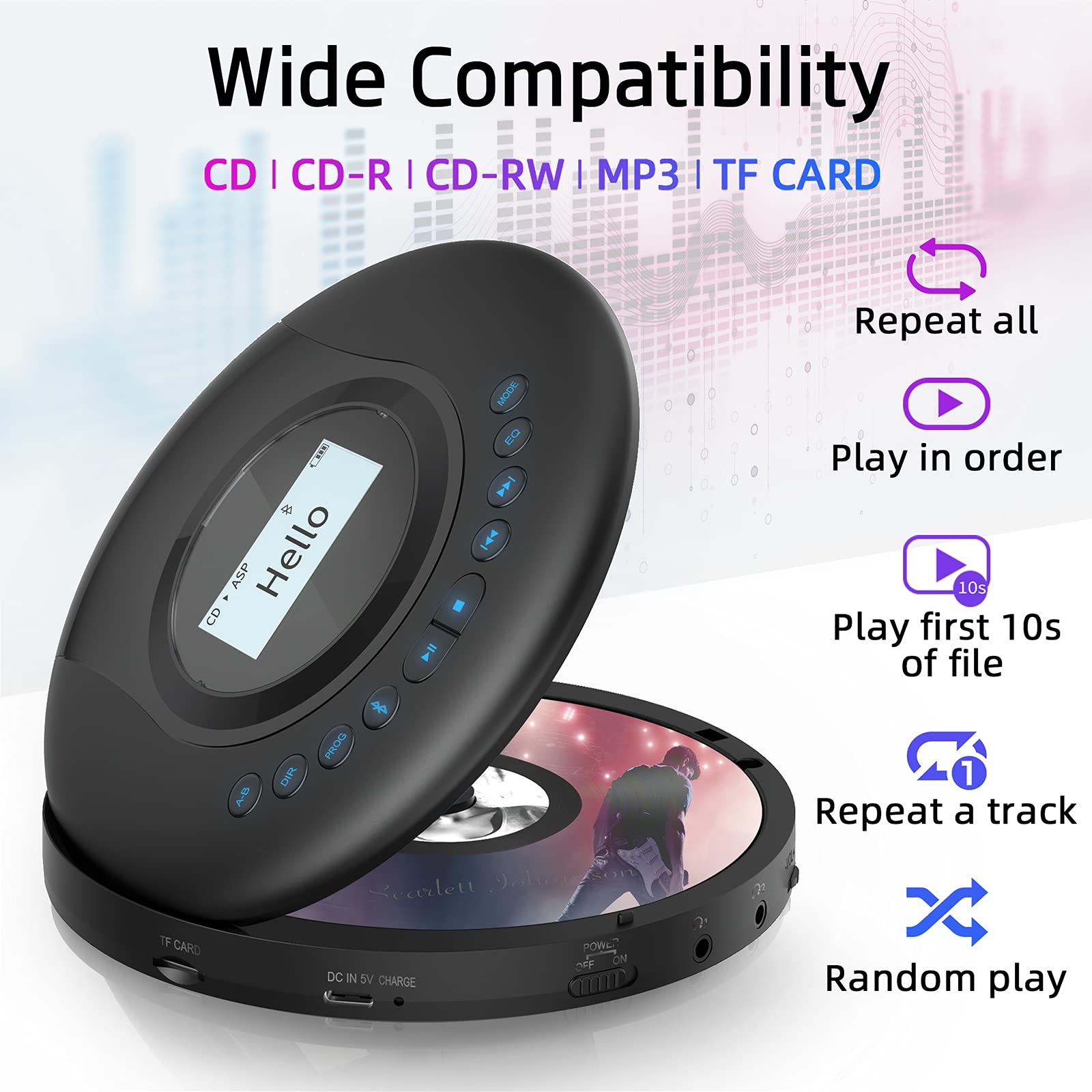 CD Player Portable with Bluetooth, ARAFUNA Bluetooth Device Visualization CD Player for car, 2000mAh Rechargeable Portable CD Player with Dot Matrix Text, Anti Shock Protection and Headphone (black)