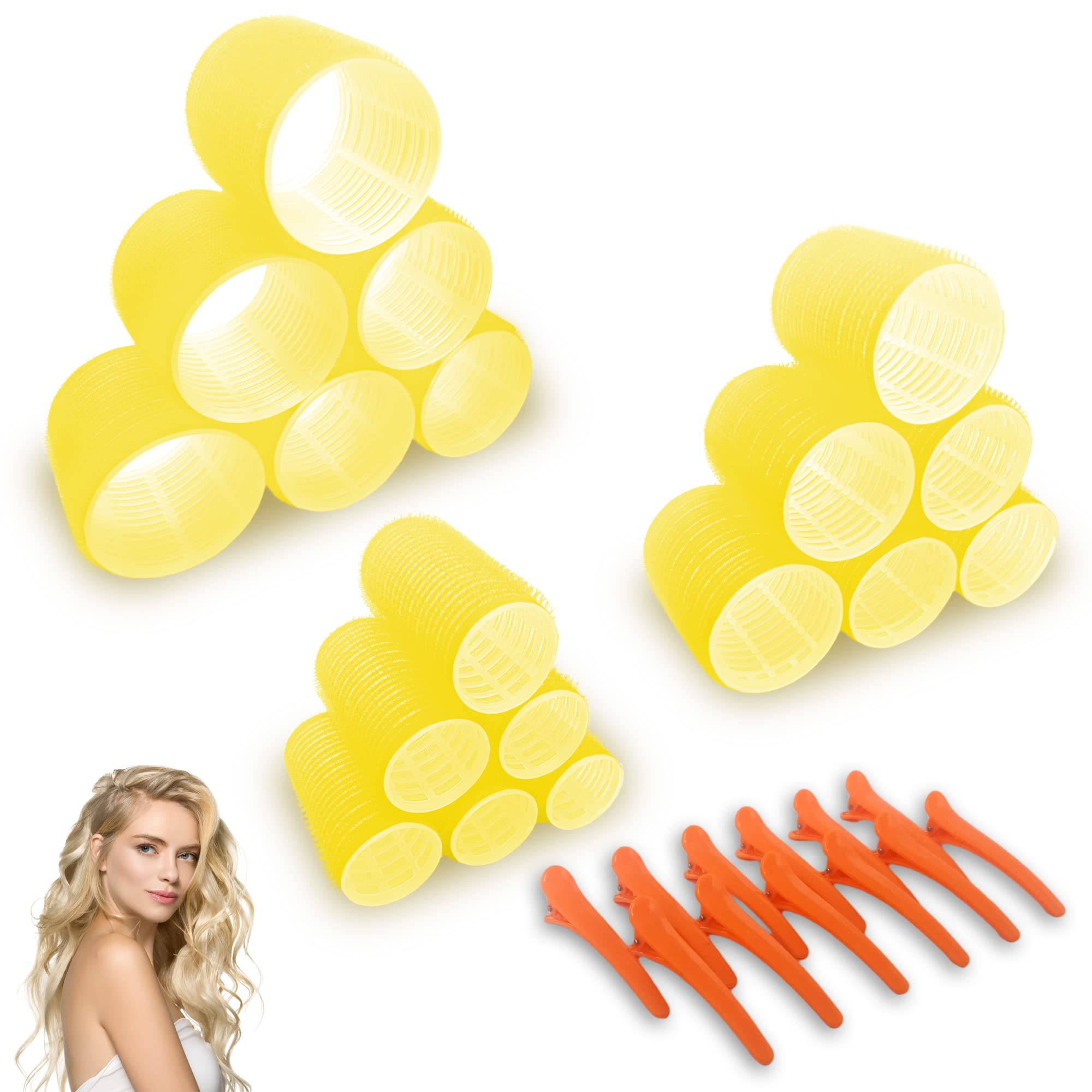 Large Hair Rollers with Clips - Self Grip Jumbo/Big Curlers Rollers for Hair Volume, 18 Pack, 3 Sizes (6 Pcs Each) with 12 Hair Roller Clips