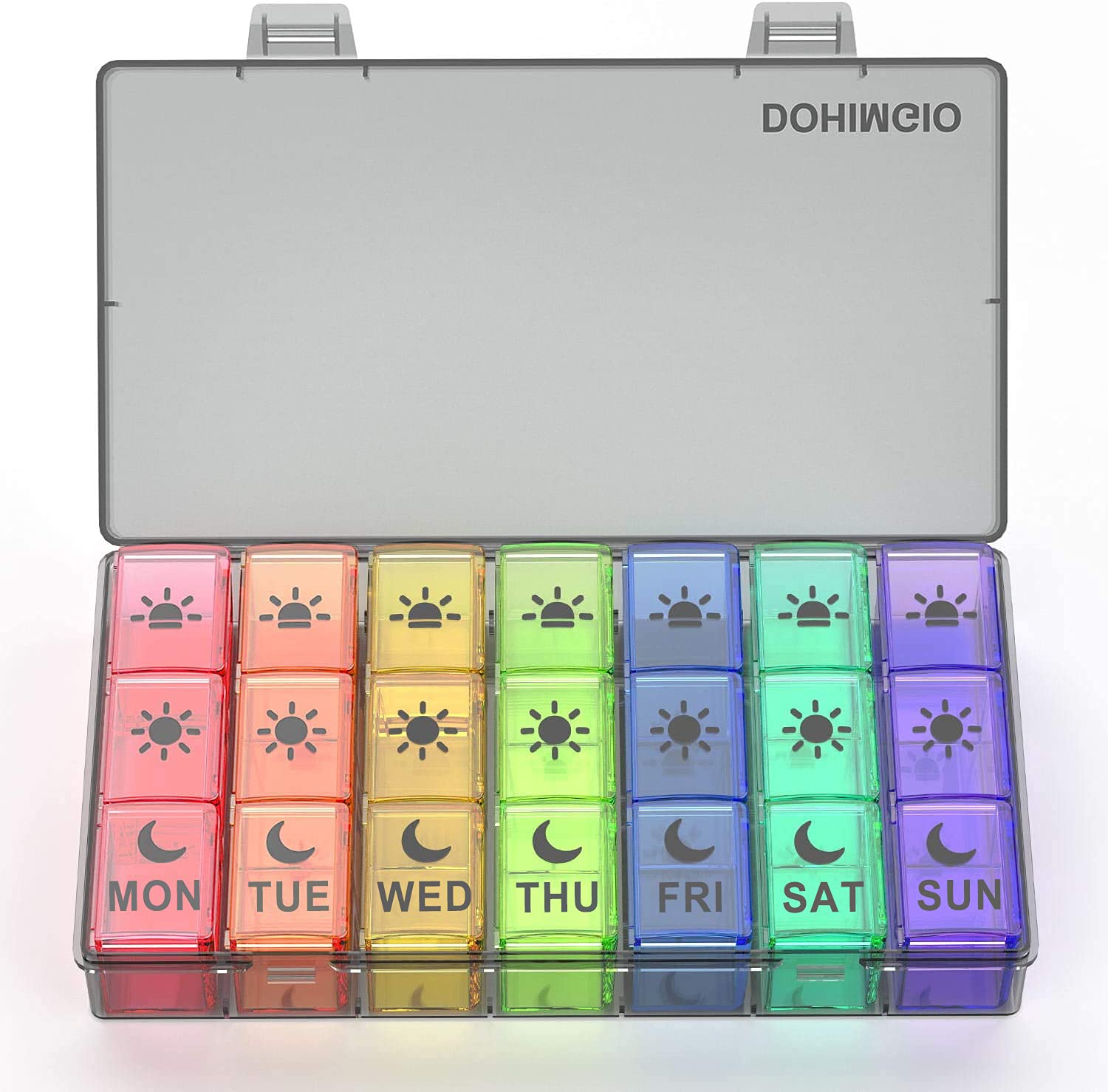 7 Day Pill Box Organiser 3 Times a Day, Large Weekly Pill Box Case with 21 Compartments for Morning Noon Evening - Rainbow Colour