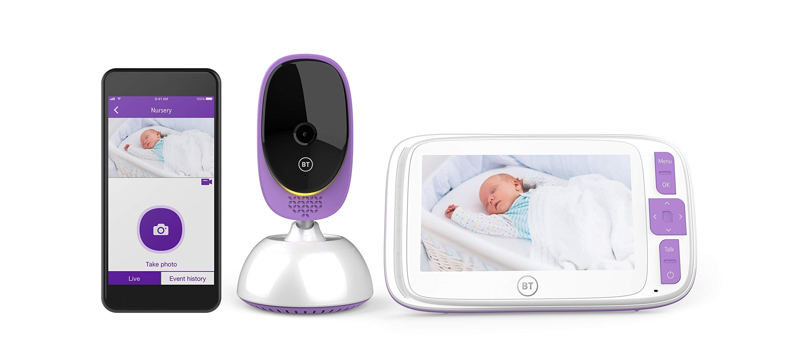 BT Smart Video Baby Monitor with 5 inch colour screen, smartphone app, HD audio, night vision, HD video streaming, remote panning, connect remotely to smartphone or tablet