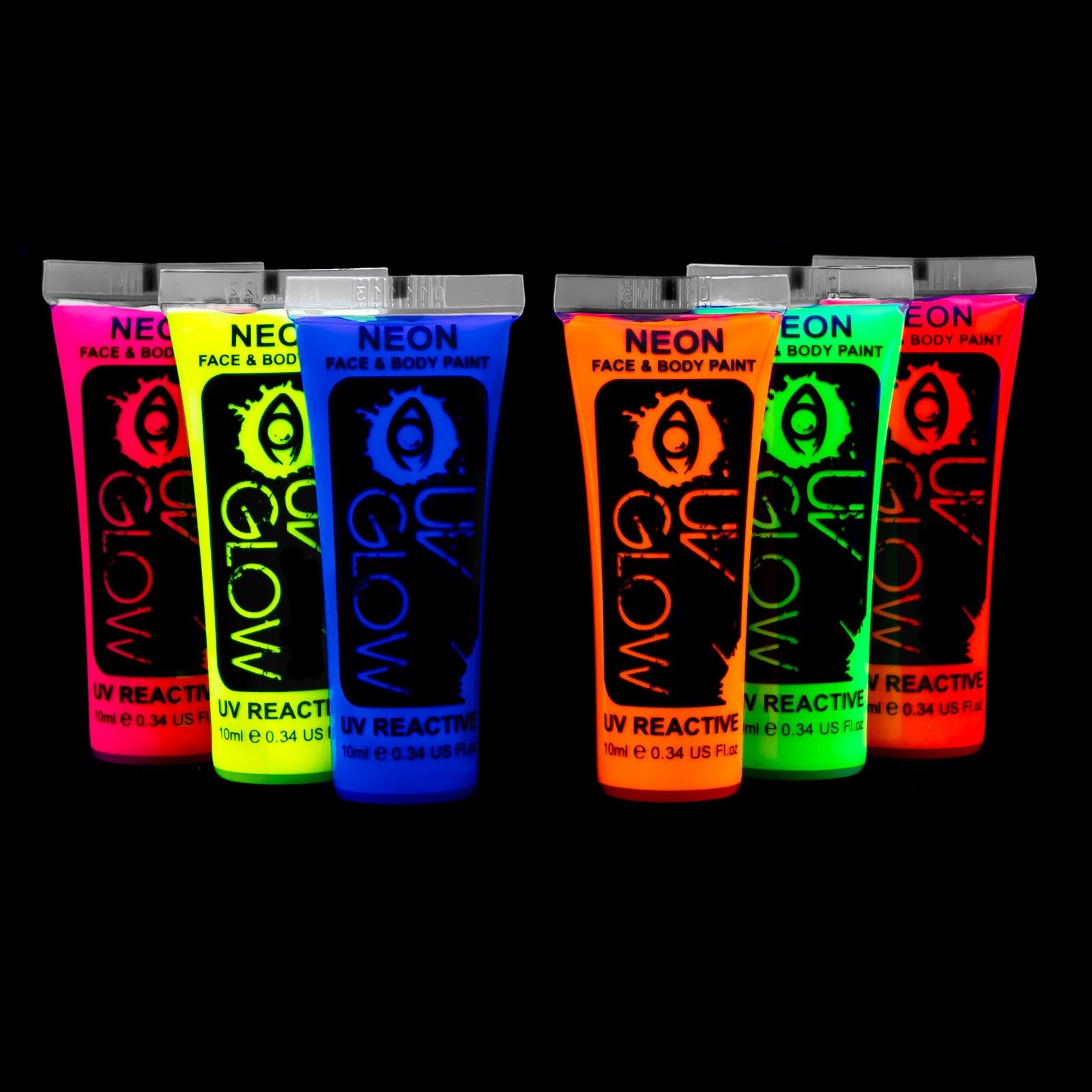 UV Glow Neon Face and Body Paint Set of 6 Tubes - Fluorescent - Brightest glow under UV!