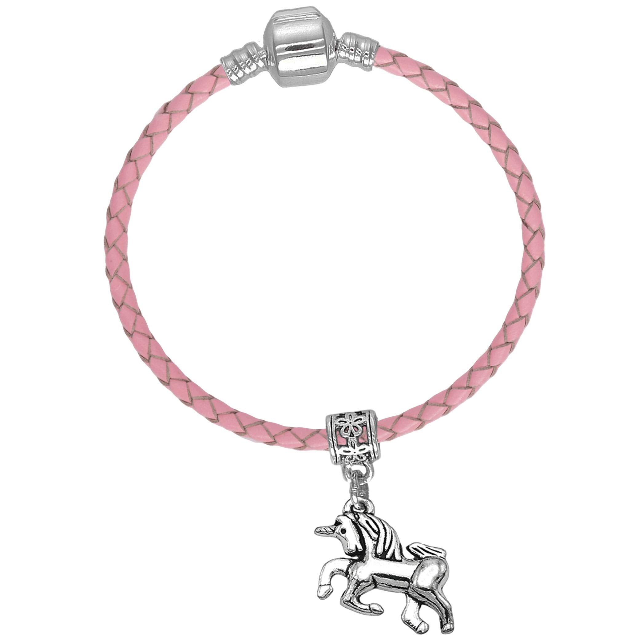 Girls Pink Leather Starter Charm Bracelet with Silver Unicorn and Gift Box