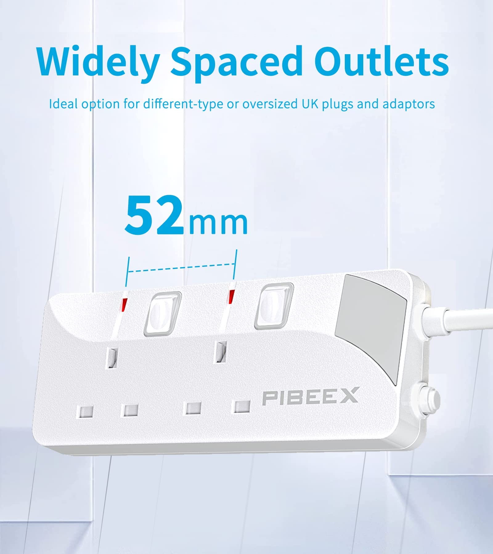 PIBEEX Extension Lead 2 Way Plug Sockets with Individual Switches Wall Mountable Power Strip with 5 Meter Long Extension Cable 13A Fused UK Plug 3250W