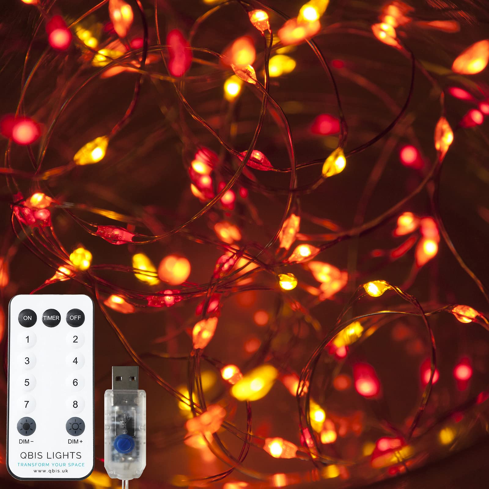 Qbis Fairy Lights, 100 Micro LED String Lights, Remote Control, USB Plug, Timer, Multi Function, Adjust Brightness, Micro LED String Lights (Sunset (Red, Orange, Yellow))