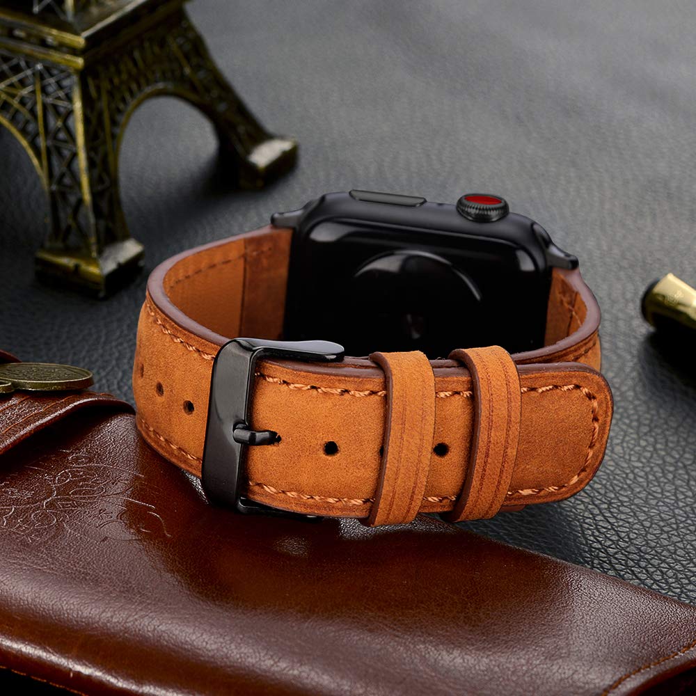 Tasikar Compatible with Apple Watch Strap 42mm 44mm 45mm Genuine Leather Replacement Bracelet Strap Compatible with Apple Watch Series 7 (45mm) SE Series 6 5 4 (44mm) Series 3 2 1 (42mm) - Brown