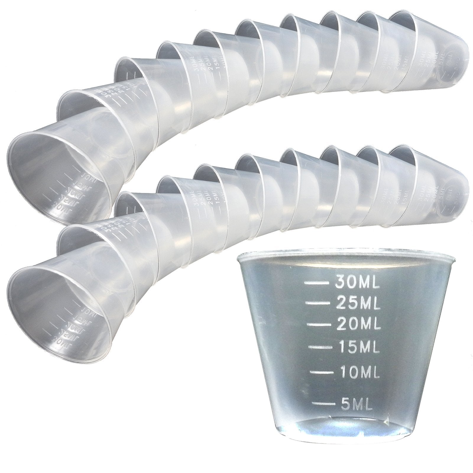 20 x 30ml Plastic Guided Measuring Cup Tablet Pill Tub Medicine Containers