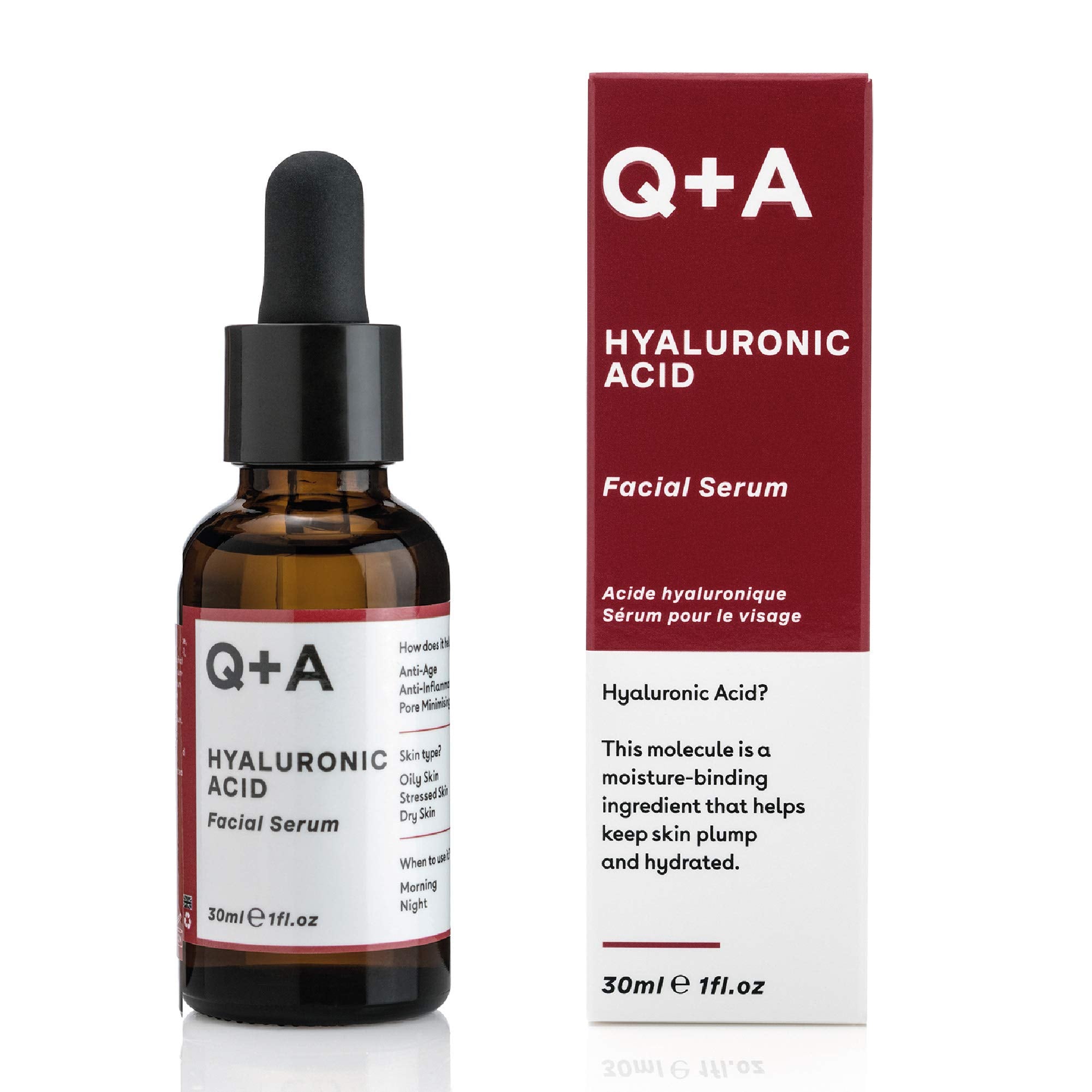 Q+A Hyaluronic Acid Facial Serum. A super hydrating Hyaluronic Acid serum for healthy and plump skin. 30ml/1fl.oz