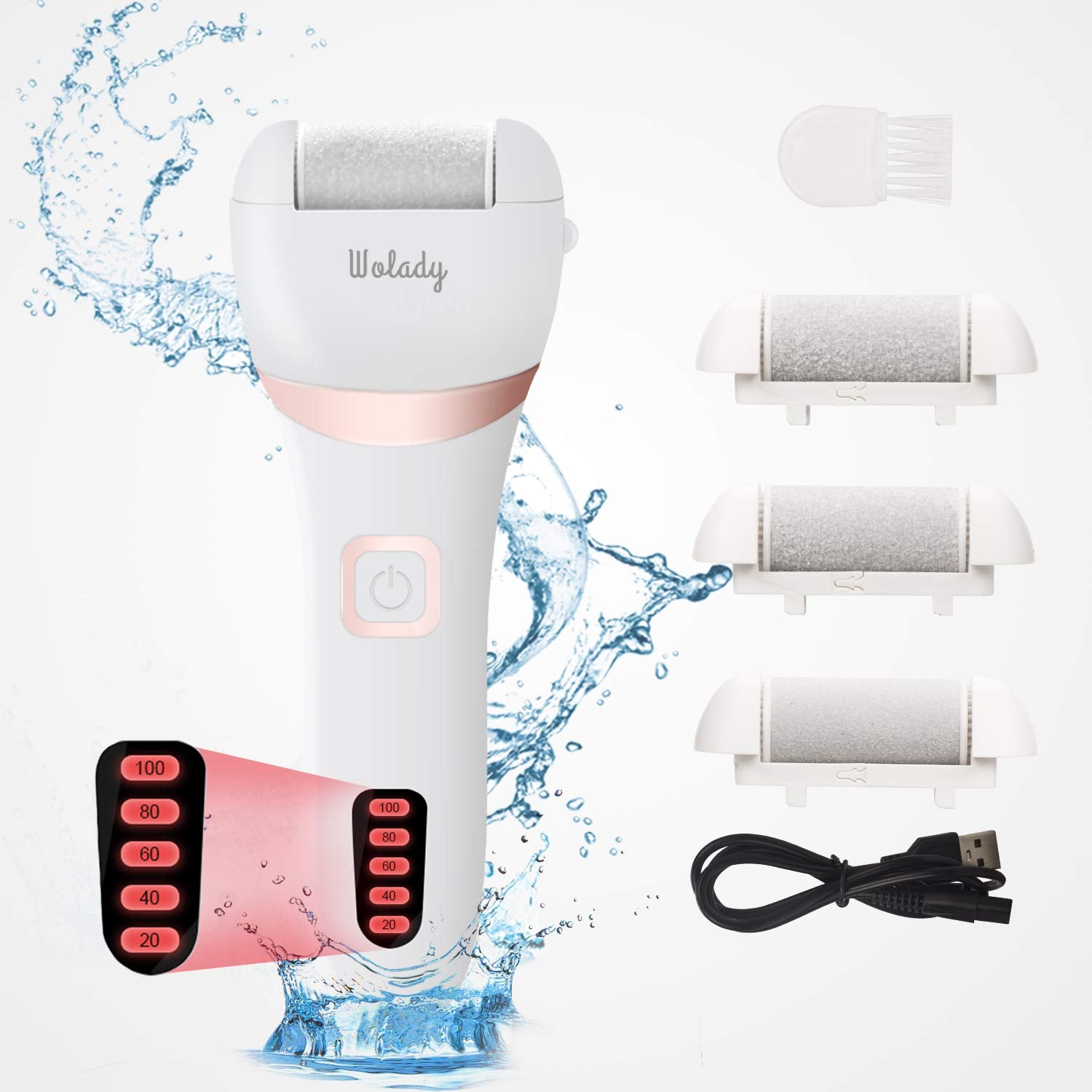 Wolady Electric Foot File, Hard Skin Remover Rechargeable Feet Scrubber Shaver Waterproof Callus Remover for Dry Dead Cracked Feet with 3 Roller Heads, White