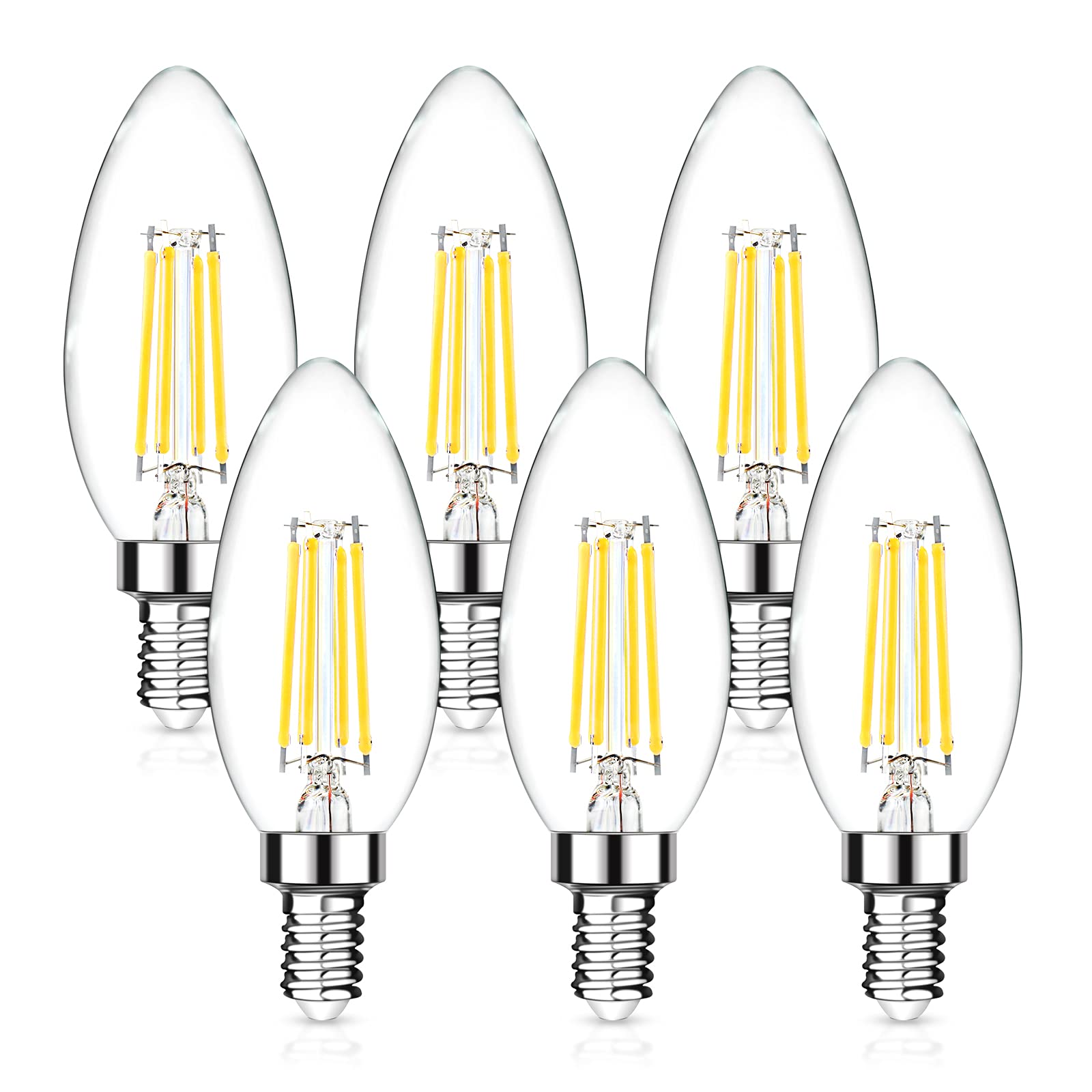 Defurhome E14 LED Filament Bulbs,4W,50W Equivalent,550LM,Cool White 6000K,C35 Small Edison Screw SES Candle Bulbs, Vintage Energy Saving Candelabra Bulb, Non-Dimmable(6 Pack)