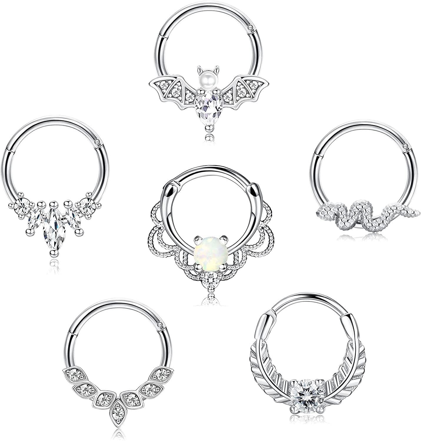 LOLIAS 6Pcs 16G Hinged Nose Septum Stainless Steel Opal CZ Cartilage Daith Earrings Helix Tragus Ring Clicker Set 8mm/10mm Bat Jewels Centered Hinged Ring Piercing Jewellery