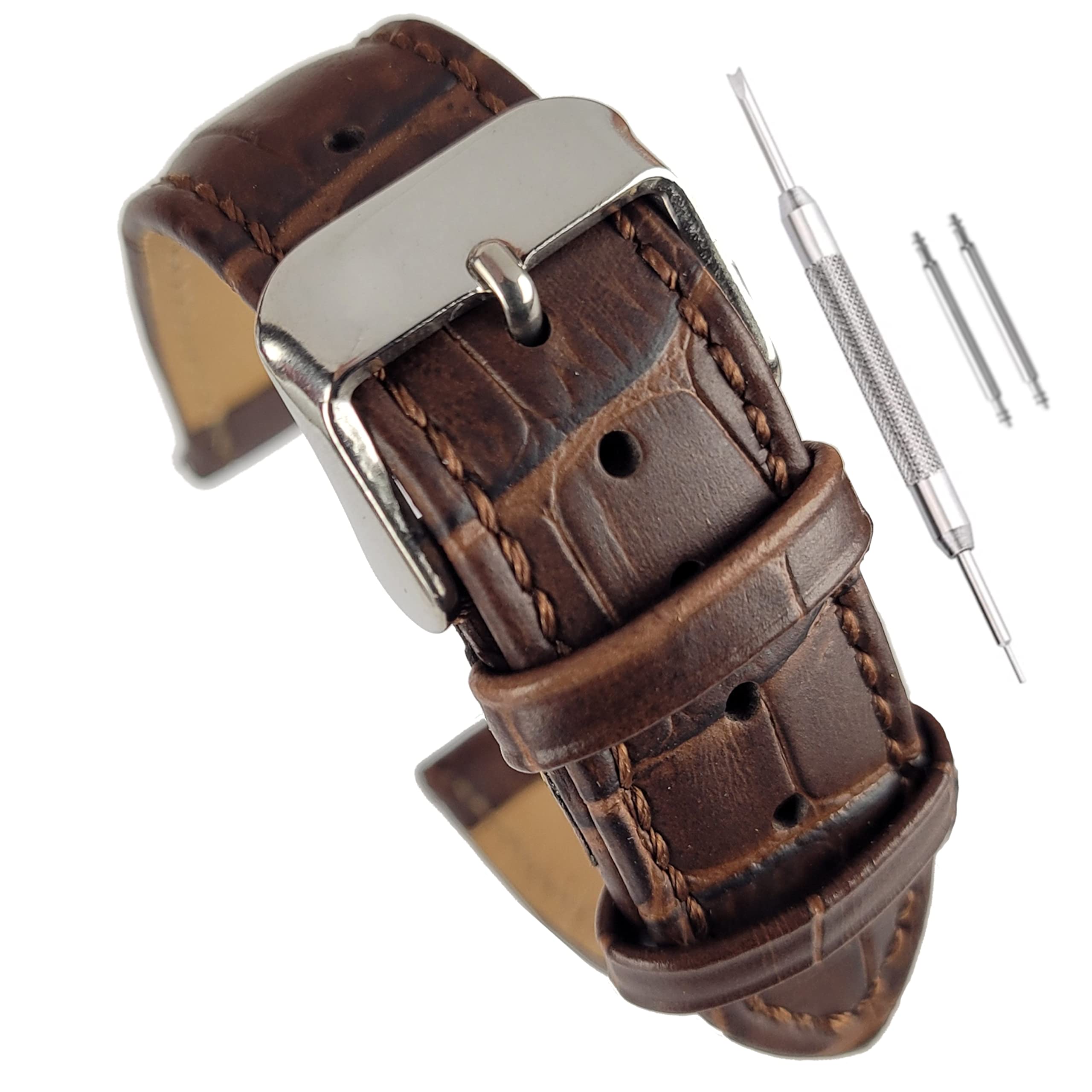 Matte Calf Leather Crocodile Alligator Print Watch Strap Band - 18mm 20mm 22mm - Black Brown Tan Dark Brown