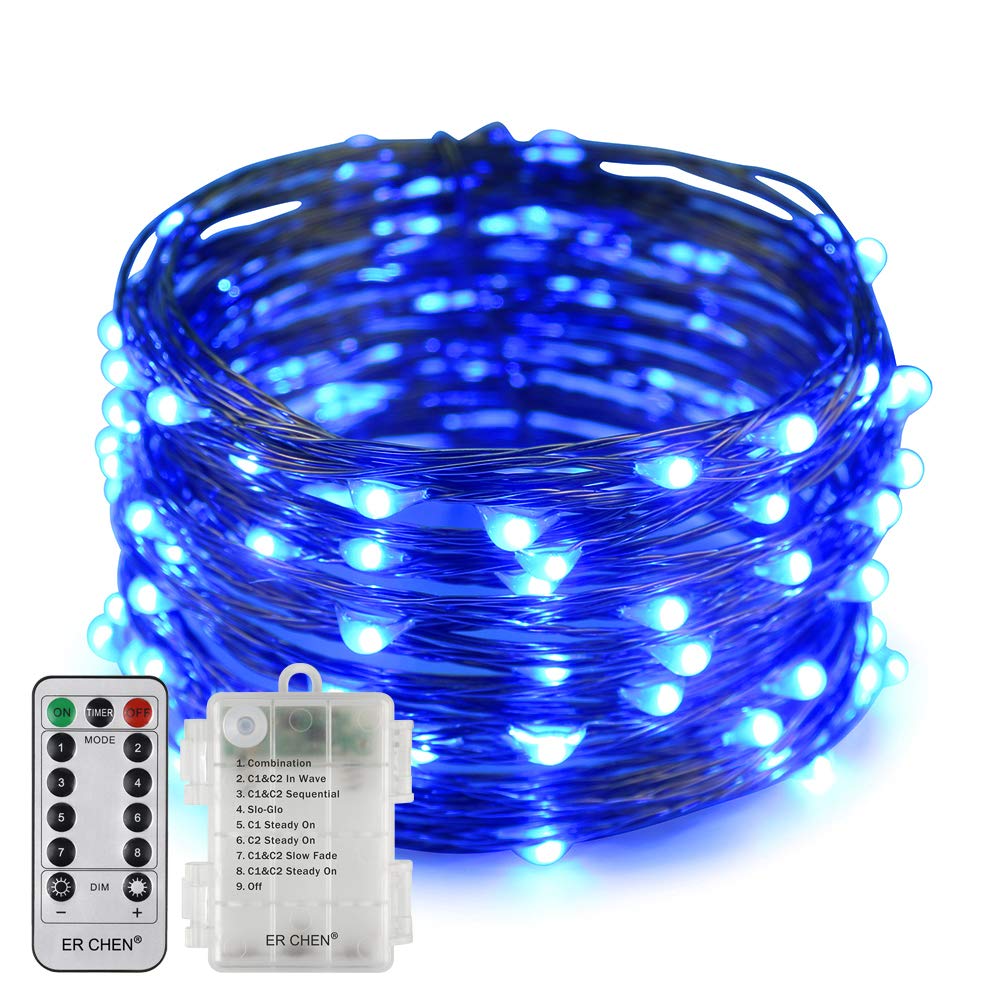 Erchen Battery Operated LED String Lights, Dimmable 33 FT 100 LED Ultra Thin Waterproof 8 Modes Timer Copper Wire Fairy Lights with 13 Key Remote Control for Indoor Outdoor Christmas Party (Blue)