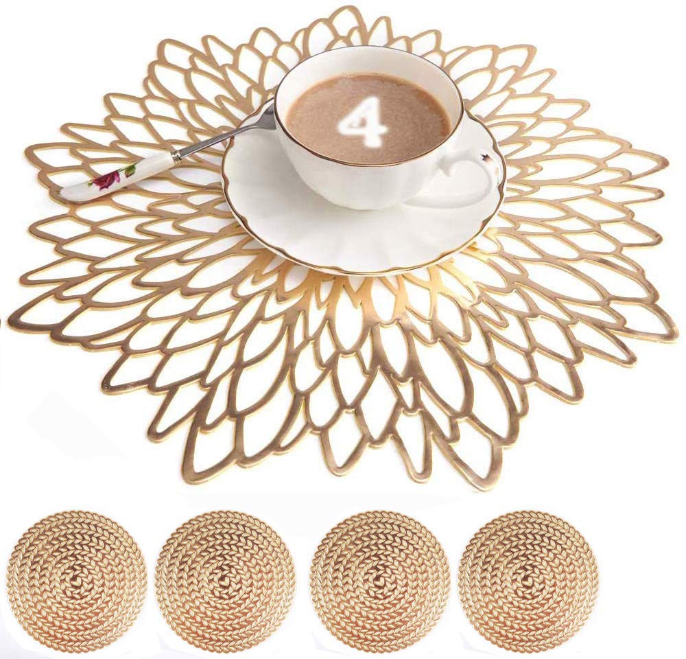 Mangata Gold Placemats and Coaster Sets of 4, Round Table Placemats for Christmas, Wedding, Dinner Parties, Restaurant, Hotel, 38cm, 15.5inches