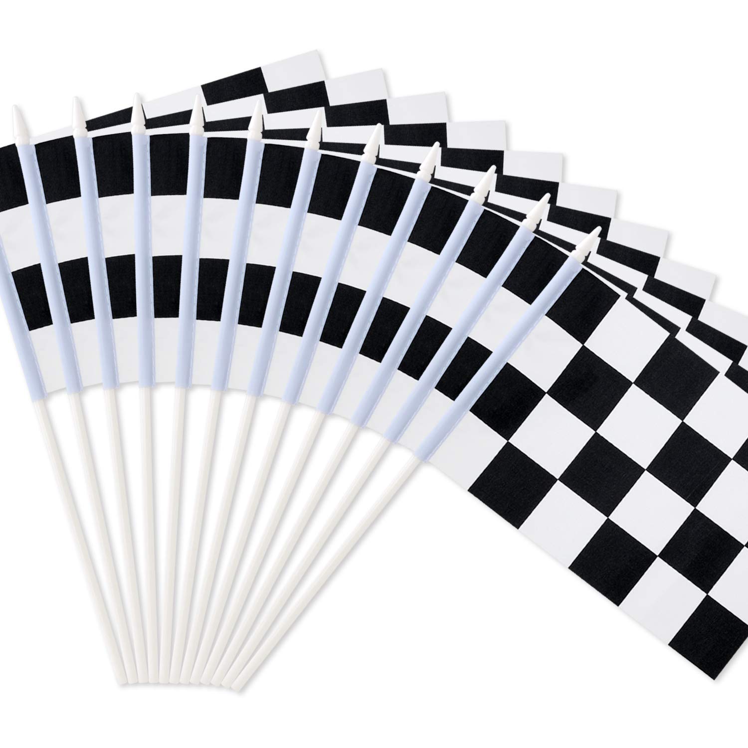 NOVELTY PLACE 8"x5.5" Checkered Black and White Racing Stick Flag - Plastic Stick - Decorations for Racing, Race Car Party, Sport Events (12 Pack)