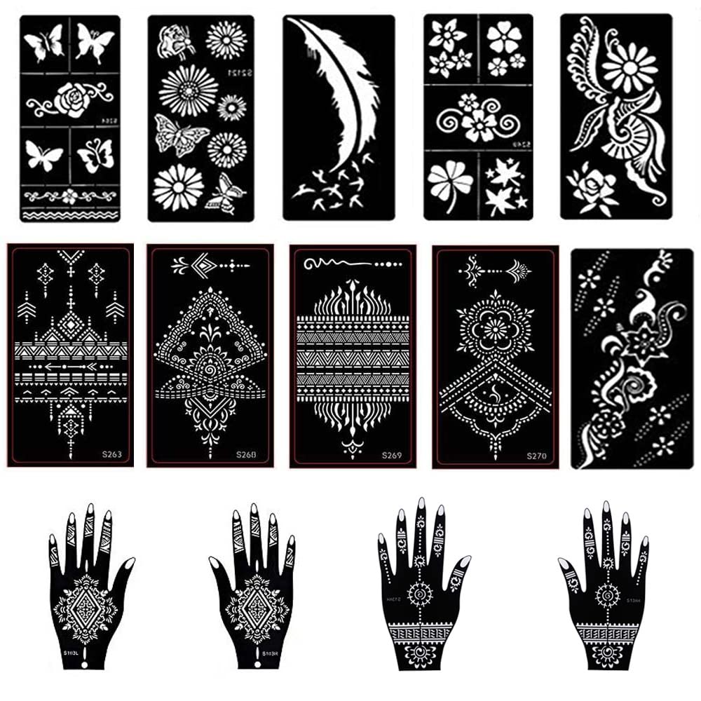 14 Pcs Henna Tattoo Stencils Kit, Temporary Tattoo Temples Set, Indian Arabian Henna Stickers for Finger Hand Body Art Painting