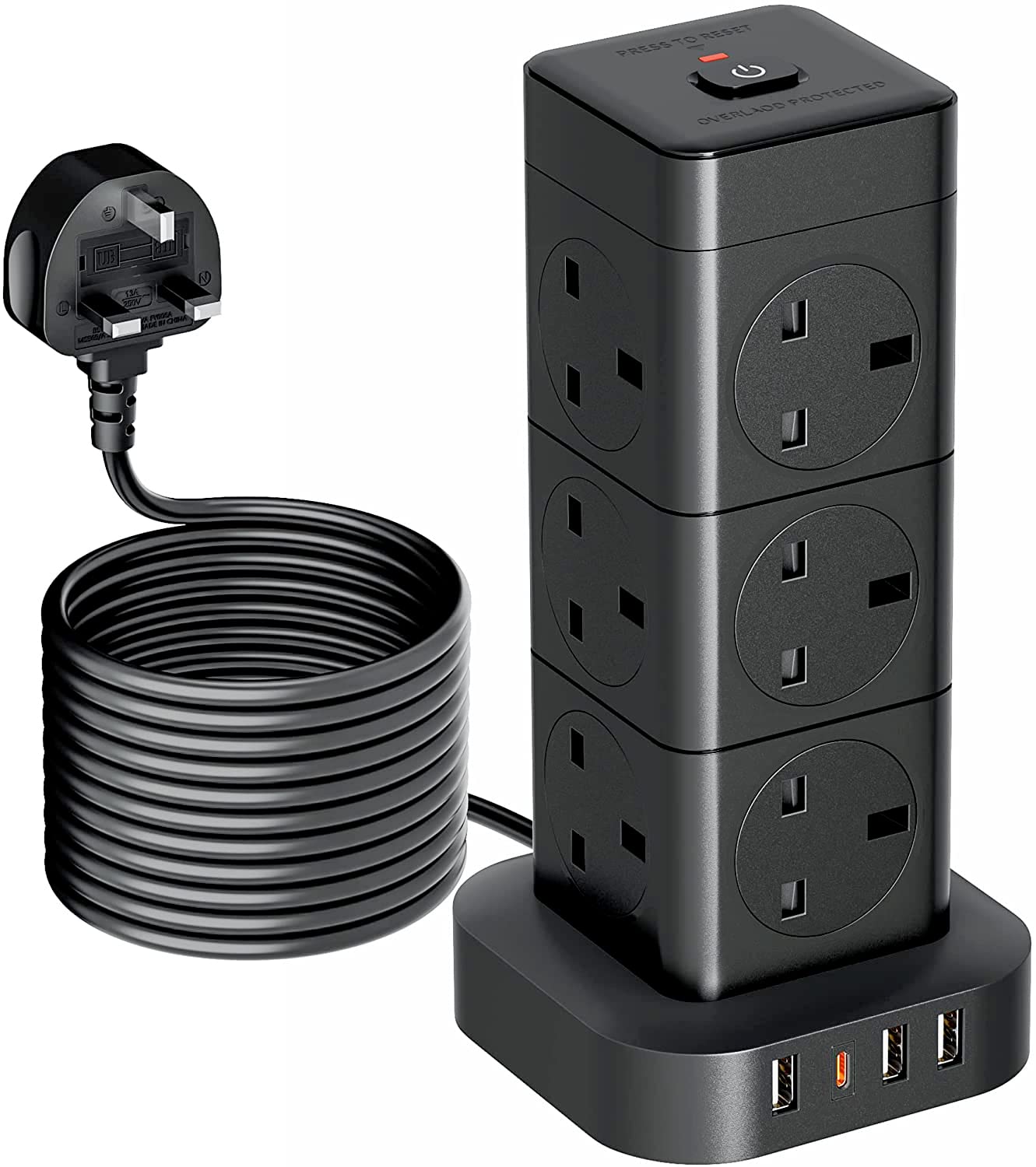 Hulker 5M Tower Extension Lead with USB, Vertical Power Strip 12 Way 4 USB Slots (1 Type C and 3 USB Ports) Multi Plug Extension Socket with Overload Protection 3250W 13A 5 Meters Long Extension Cord