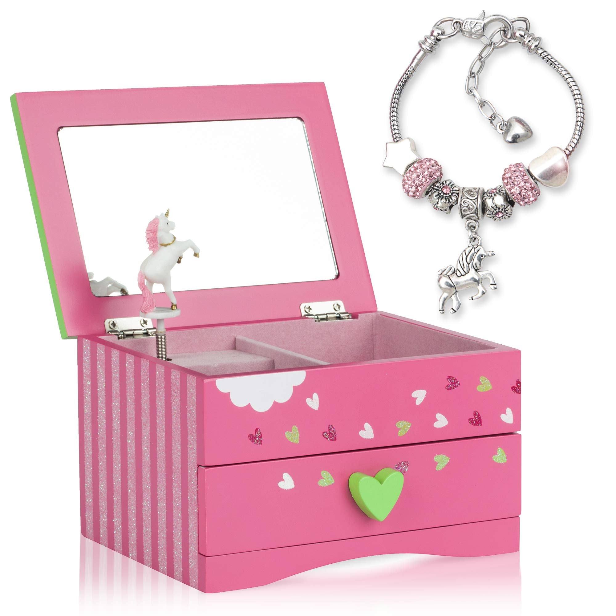 Amitié Lane Unicorn Jewelry Box For Girls - Two Unicorn Gifts For Girls PLUS Augmented Reality App (STEM Toy) - Unicorn Music Box and Unicorn Charm Bracelet (Pink))