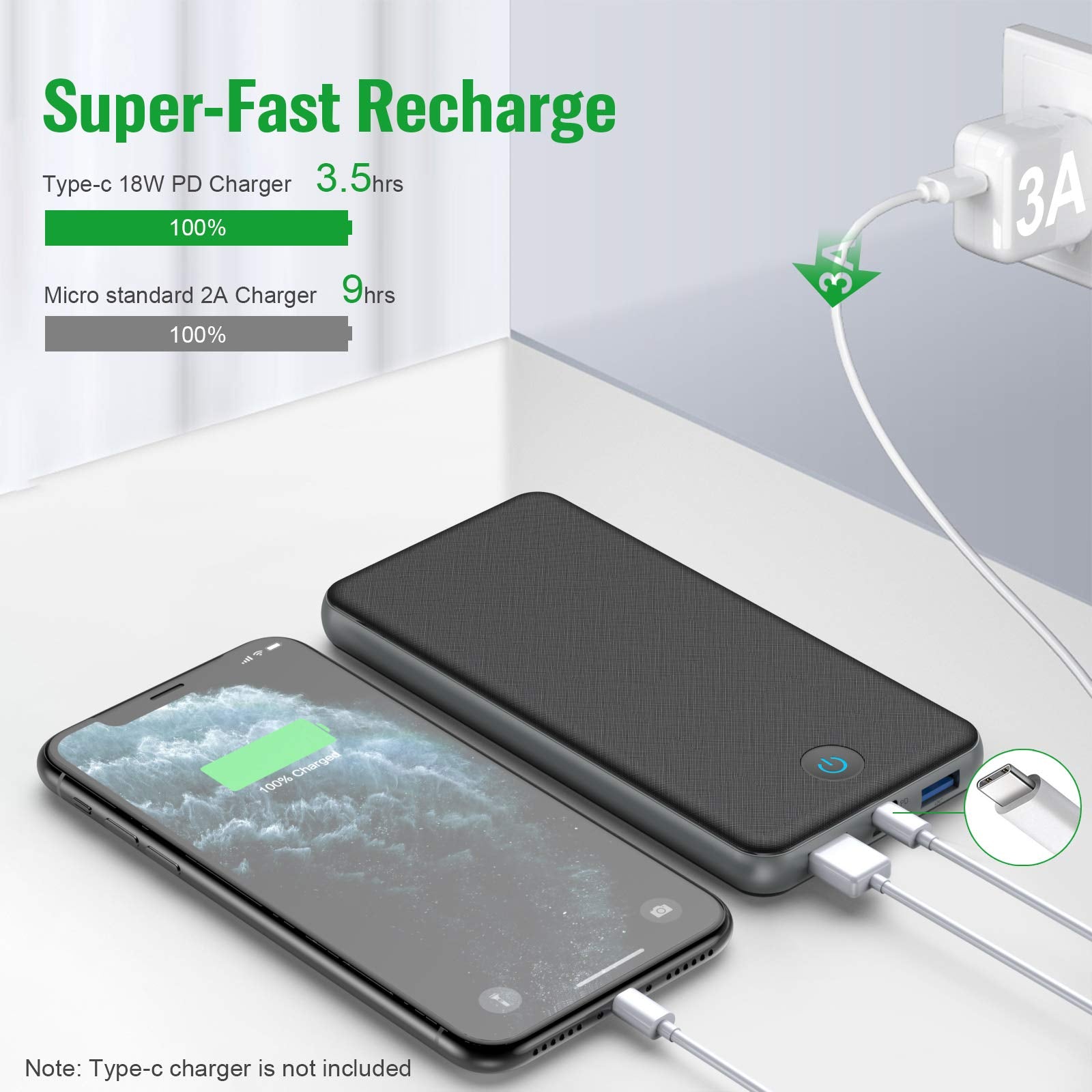 QTshinee Power Bank QC 3.0, Portable Charger 26800 mAh 18 W Power Delivery USB C External Battery Pack with 3-Outputs & 2-Inputs for Smart Phones Tablets and More